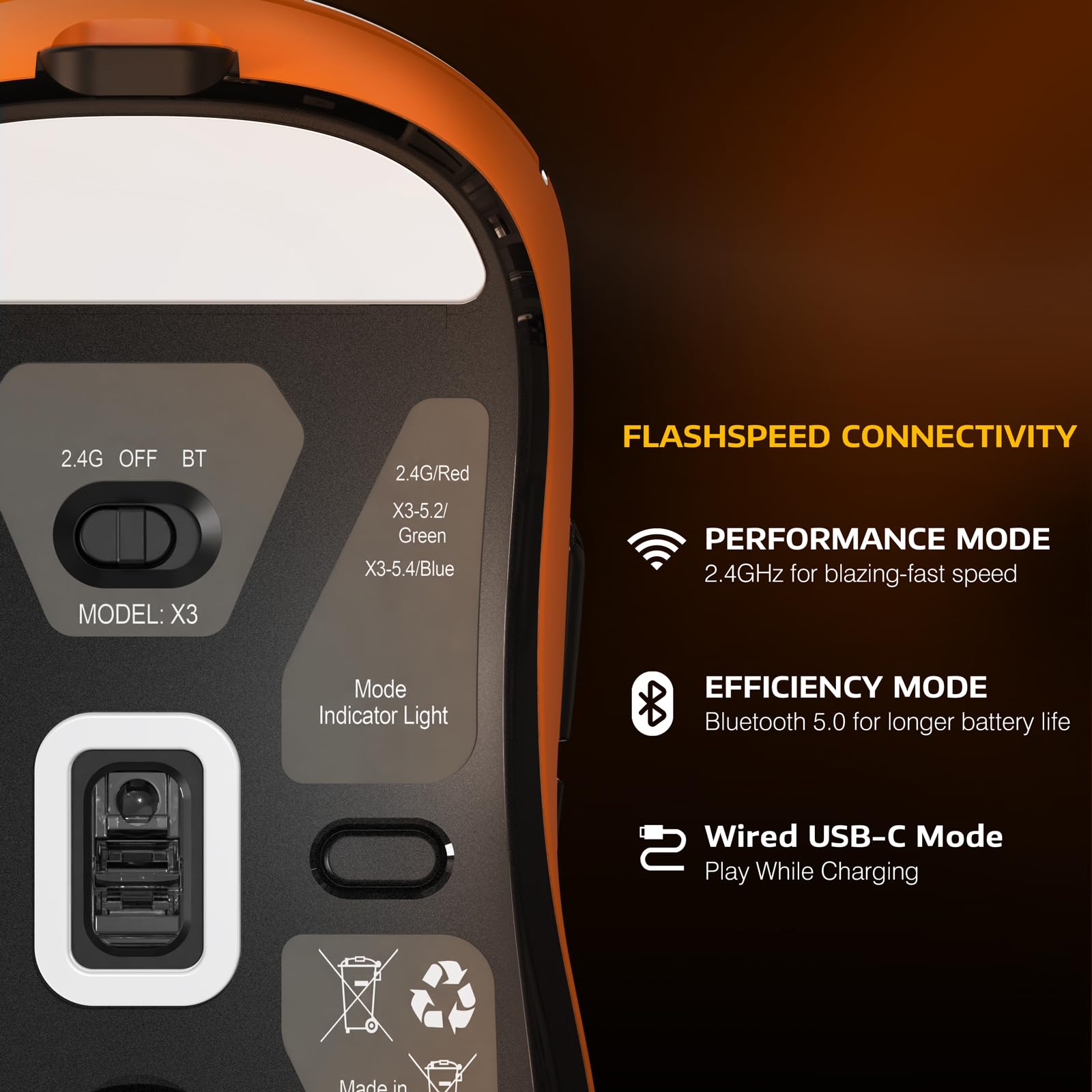 ATTACK SHARK ATTACK SHARK X3 Lightweight Wireless Gaming Mouse Tri-Mode 2.4G USB-C Bluetooth 26K DPI PAW3395 Optical Sensor Kailh GM8.0 Switch Orange - View 4 of 9