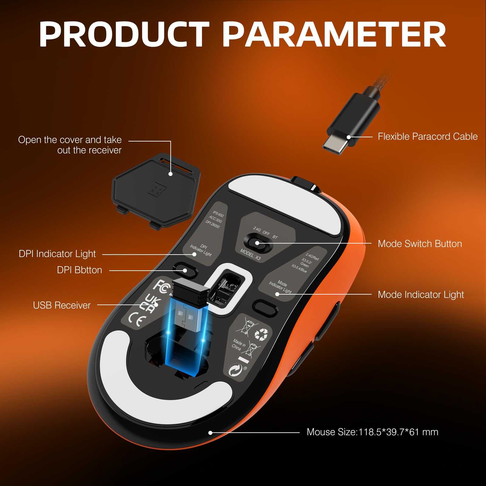 ATTACK SHARK ATTACK SHARK X3 Lightweight Wireless Gaming Mouse Tri-Mode 2.4G USB-C Bluetooth 26K DPI PAW3395 Optical Sensor Kailh GM8.0 Switch Orange - View 9 of 9