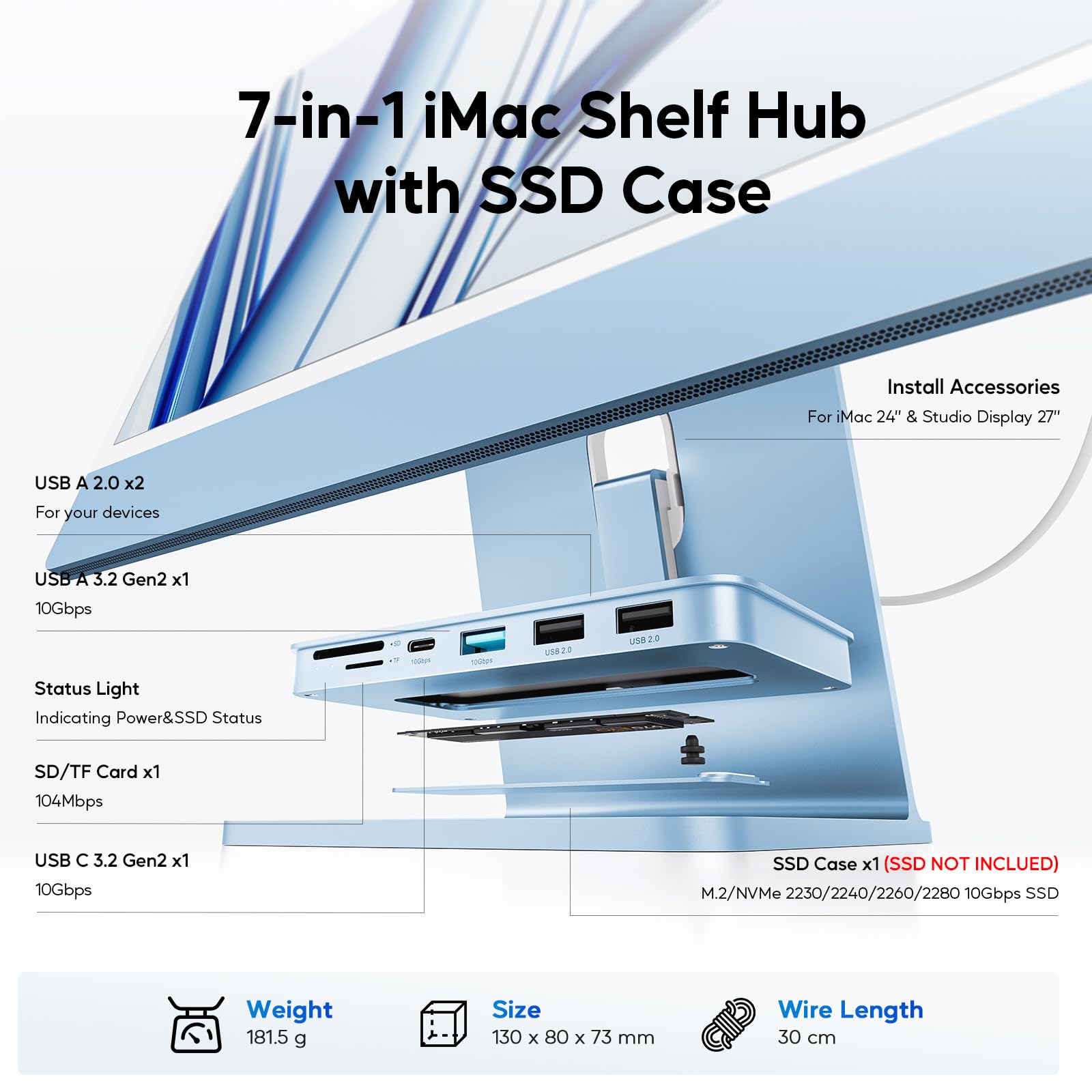 PULWTOP PULWTOP USB C Hub for iMac 10Gbps NVMe SATA SSD USB A/C 2USB A 2.0 SD TF for 24 inch iMac and Studio Display 2 Blue - View 2 of 9