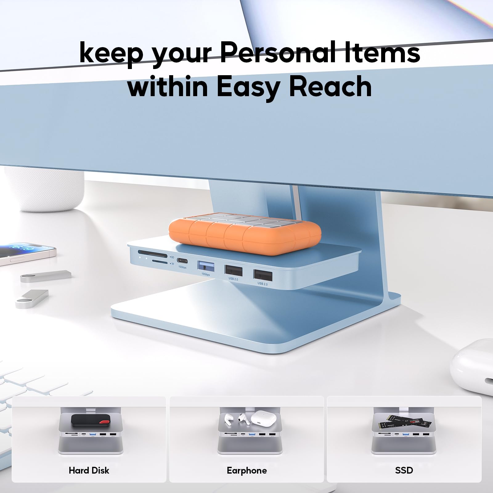 PULWTOP PULWTOP USB C Hub for iMac 10Gbps NVMe SATA SSD USB A/C 2USB A 2.0 SD TF for 24 inch iMac and Studio Display 2 Blue - View 6 of 9