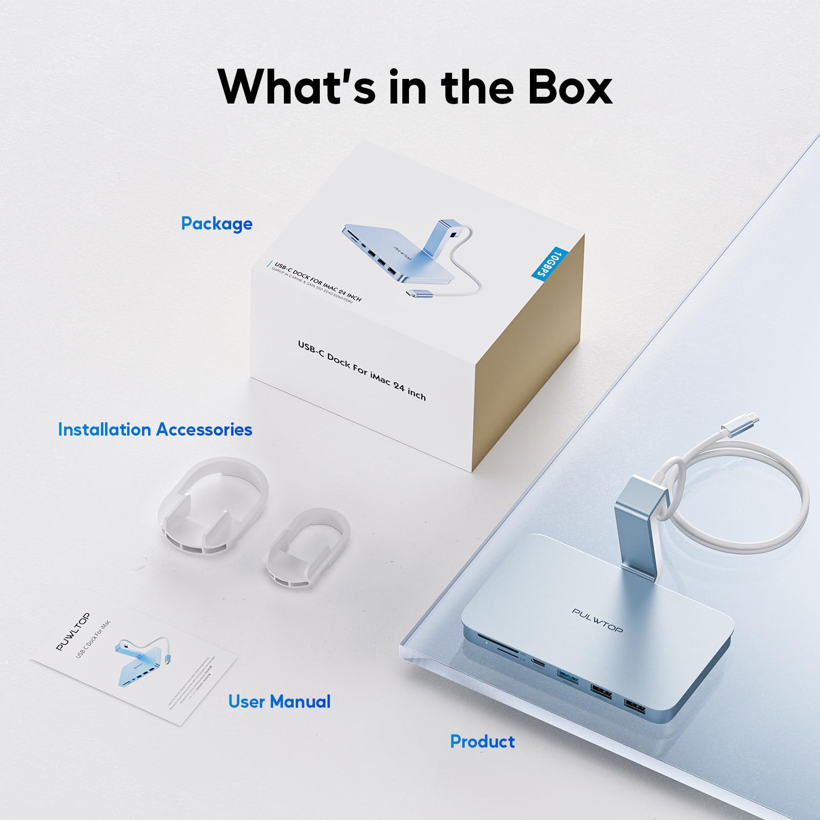 PULWTOP PULWTOP USB C Hub for iMac 10Gbps NVMe SATA SSD USB A/C 2USB A 2.0 SD TF for 24 inch iMac and Studio Display 2 Blue - View 7 of 9