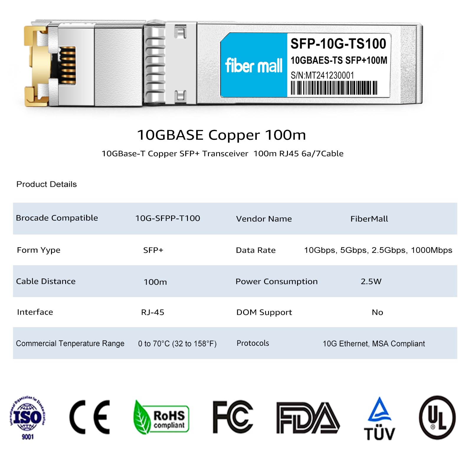fiber mall SFP to RJ45 10G Transceiver Module Compatible with Brocade 10GBASE-T 100m Copper Cat6a/7 for Fast Networking Solutions - View 4 of 5