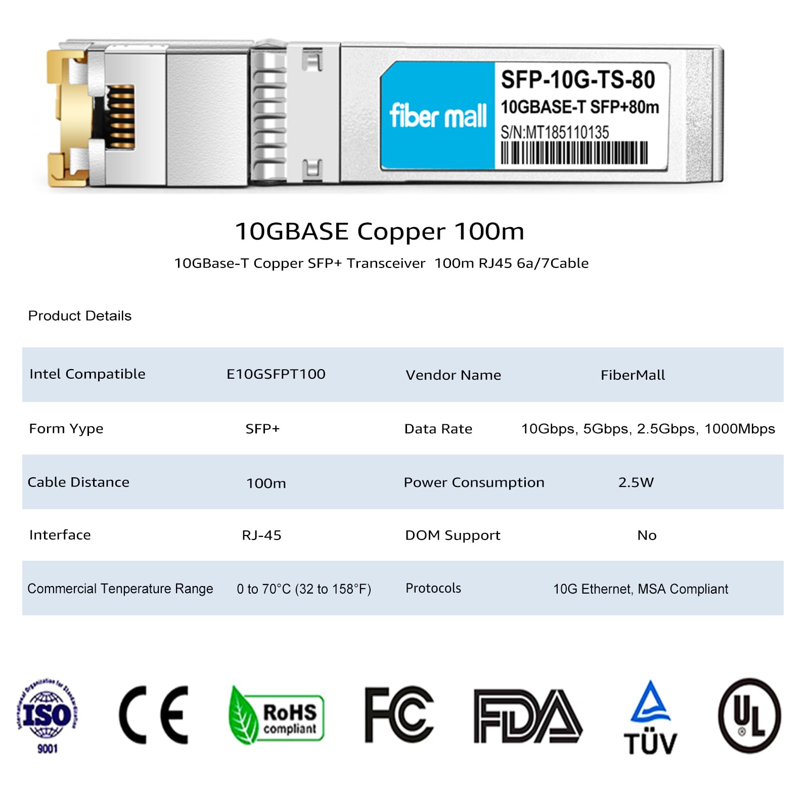 fiber mall Fiber Mall SFP to RJ45 10G Transceiver Module Compatible with Intel E10GSFPT100 for 100m Copper Cat6a/7 Networking Solutions - View 2 of 5