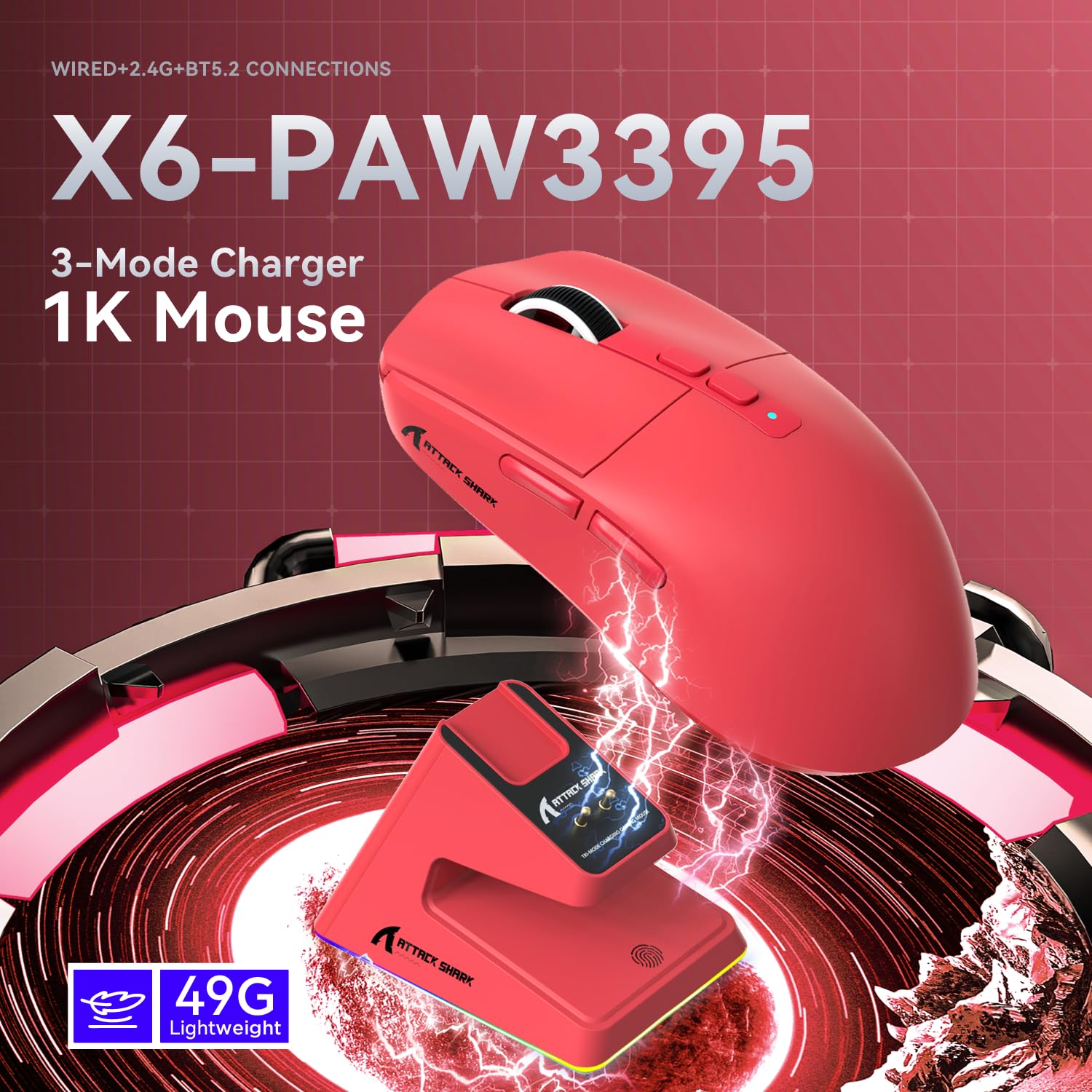 ATTACK SHARK ATTACK SHARK X6 Lightweight Wireless Gaming Mouse RGB Backlight Tri-Mode Wired 2.4GHz BT5.2 26K DPI PAW3395 Optical Sensor Red - View 2 of 9