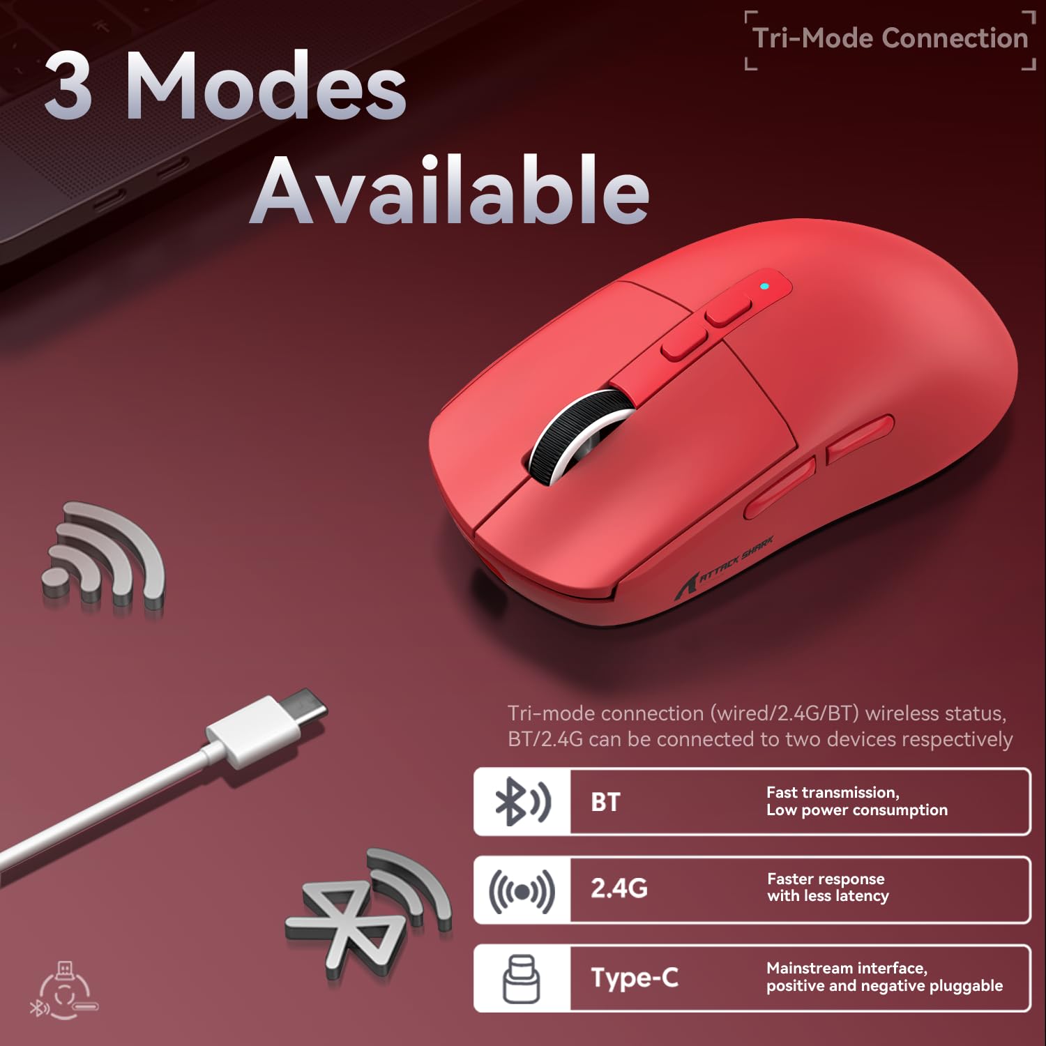 ATTACK SHARK ATTACK SHARK X6 Lightweight Wireless Gaming Mouse RGB Backlight Tri-Mode Wired 2.4GHz BT5.2 26K DPI PAW3395 Optical Sensor Red - View 4 of 9