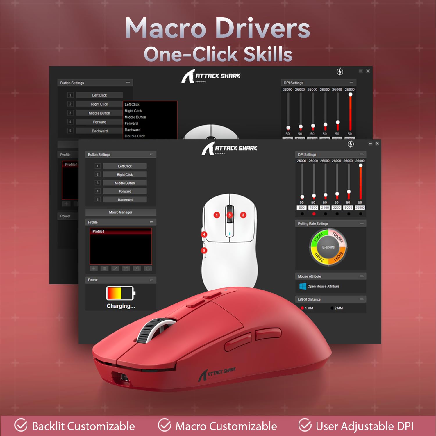 ATTACK SHARK ATTACK SHARK X6 Lightweight Wireless Gaming Mouse RGB Backlight Tri-Mode Wired 2.4GHz BT5.2 26K DPI PAW3395 Optical Sensor Red - View 9 of 9