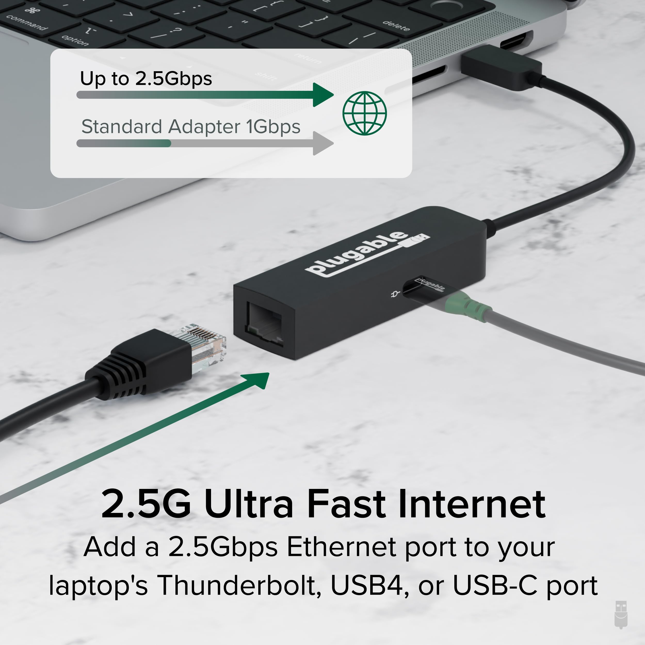Plugable Plugable USB C to Ethernet Adapter 2.5Gb with 100W Charging for Windows MacBook Chrome iPad Surface XPS Thunderbolt 4 USB4 - View 3 of 7