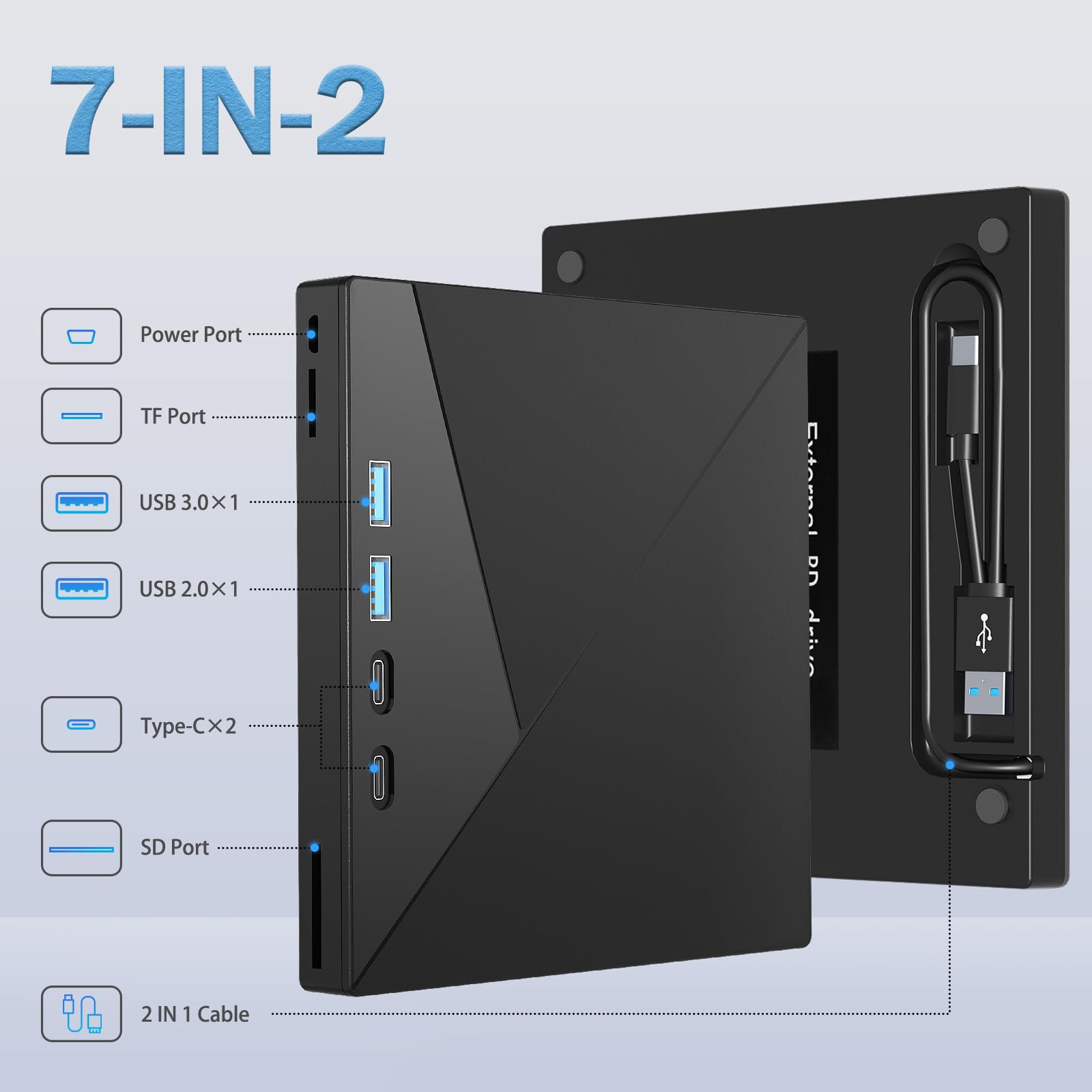 Wbacon 7 in 1 External Blu Ray Drive 4k Blu Ray Burner USB 3.0 Type C Portable CD DVD Burner 3D BD Player Compatible with Windows MacOS - View 3 of 7