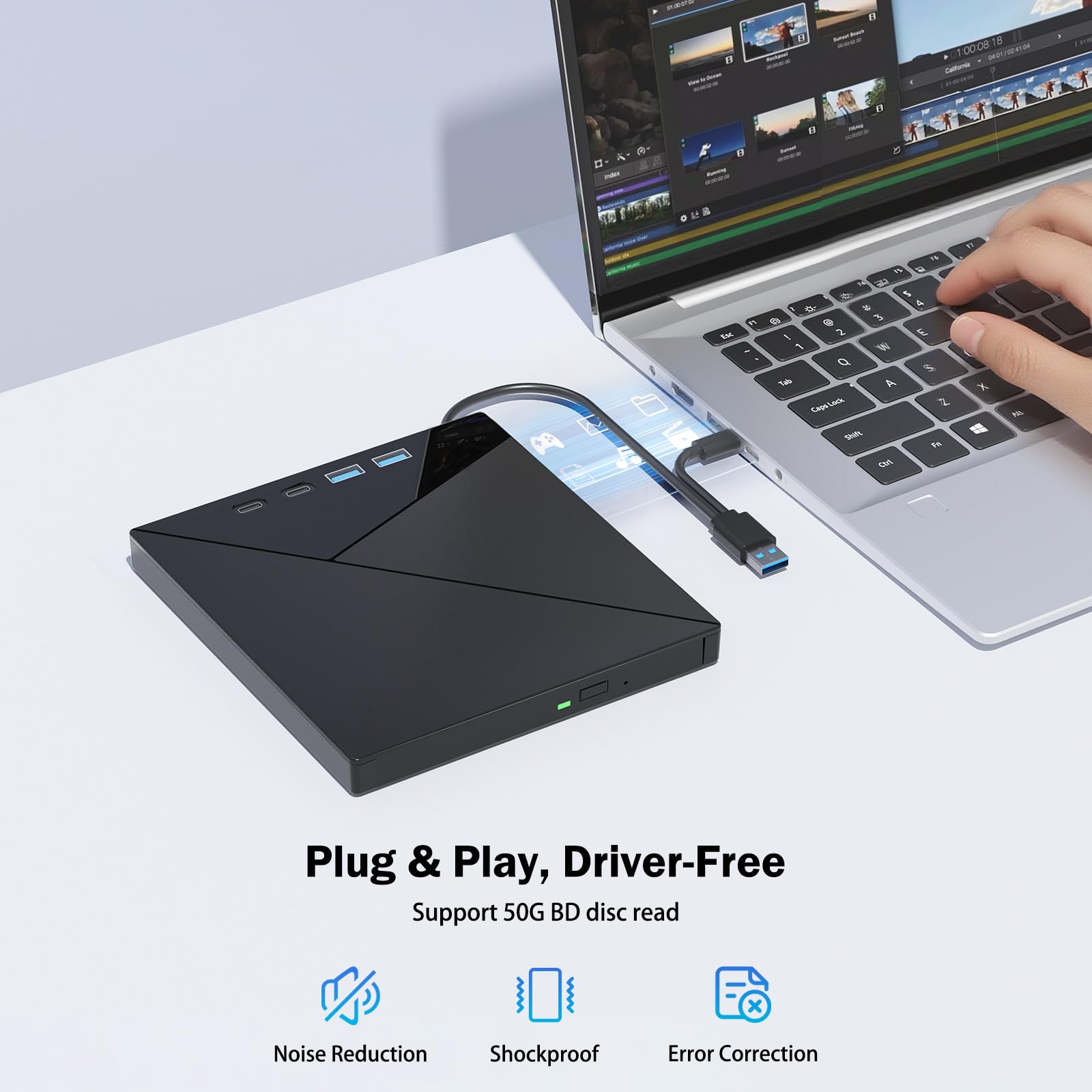 Wbacon 7 in 1 External Blu Ray Drive 4k Blu Ray Burner USB 3.0 Type C Portable CD DVD Burner 3D BD Player Compatible with Windows MacOS - View 4 of 7