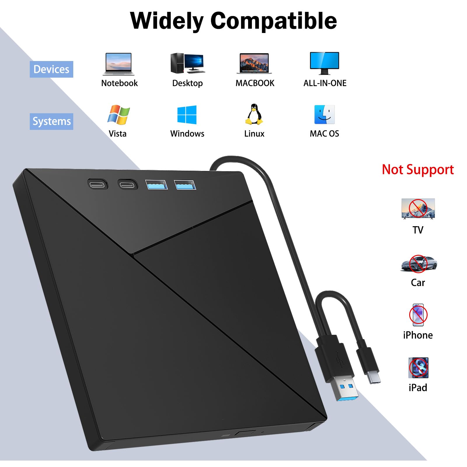 Wbacon 7 in 1 External Blu Ray Drive 4k Blu Ray Burner USB 3.0 Type C Portable CD DVD Burner 3D BD Player Compatible with Windows MacOS - View 7 of 7