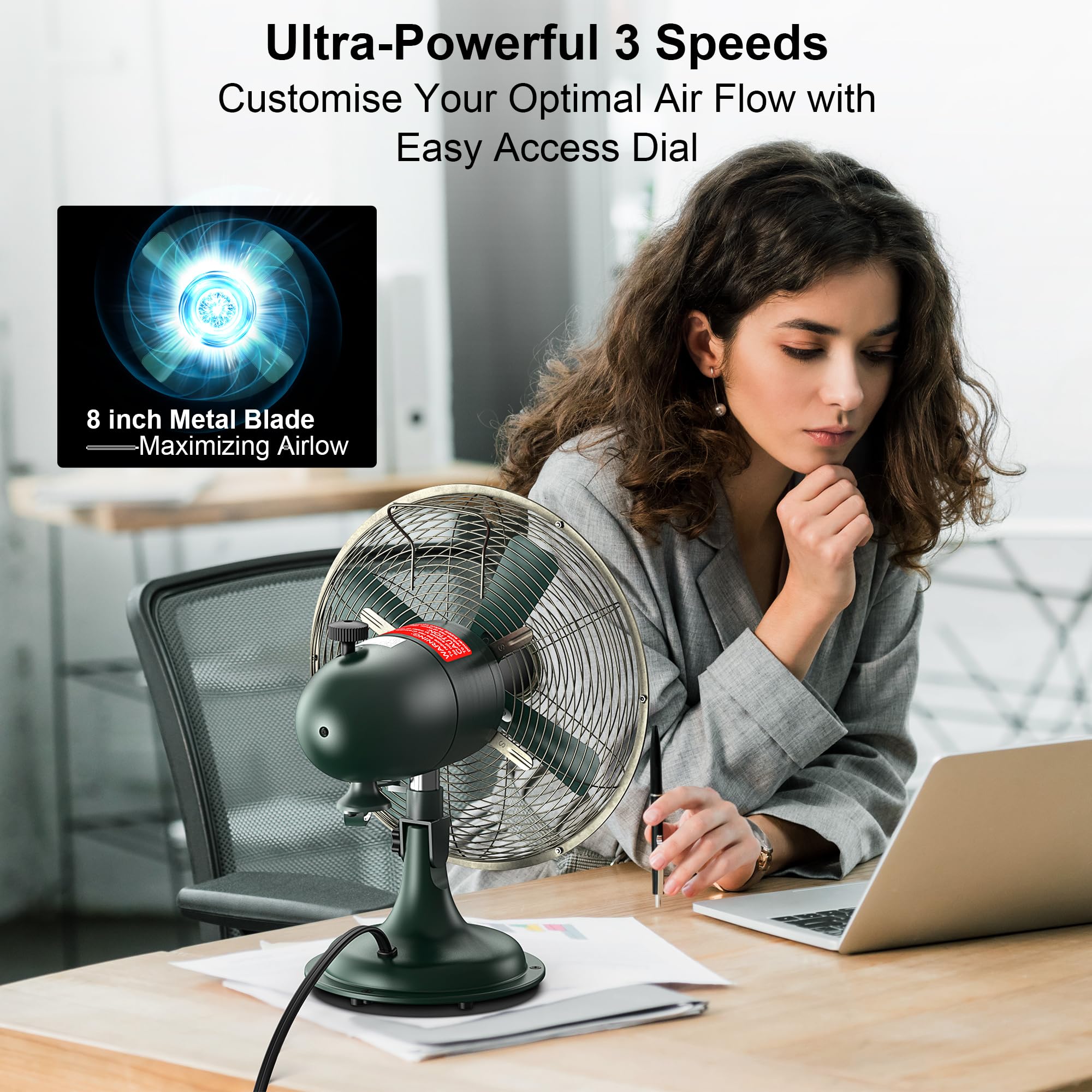 AMACOOL AMACOOL Vintage Oscillating Fan All Metal Retro Table Top Adjustable Quiet 3 Speeds Plug-In Desk Fan for Home Office Bedroom Kitchen - View 3 of 7