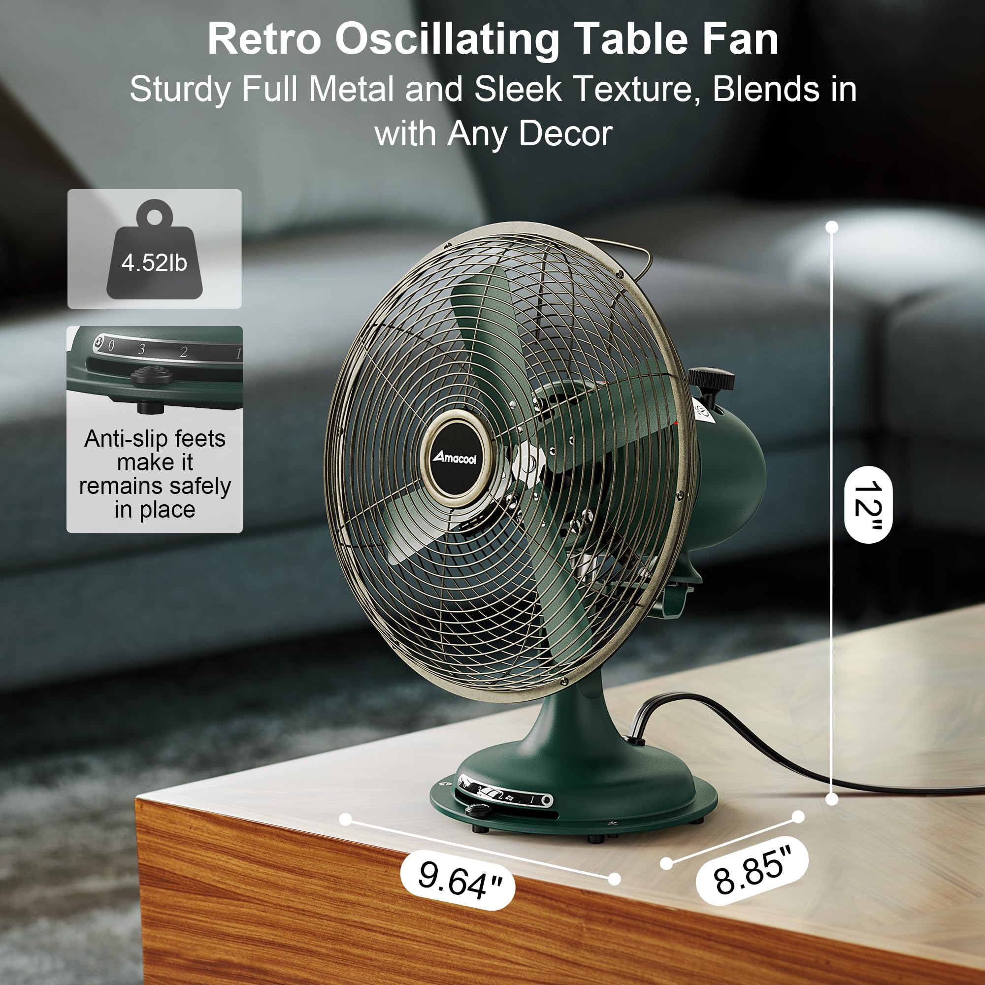 AMACOOL AMACOOL Vintage Oscillating Fan All Metal Retro Table Top Adjustable Quiet 3 Speeds Plug-In Desk Fan for Home Office Bedroom Kitchen - View 5 of 7