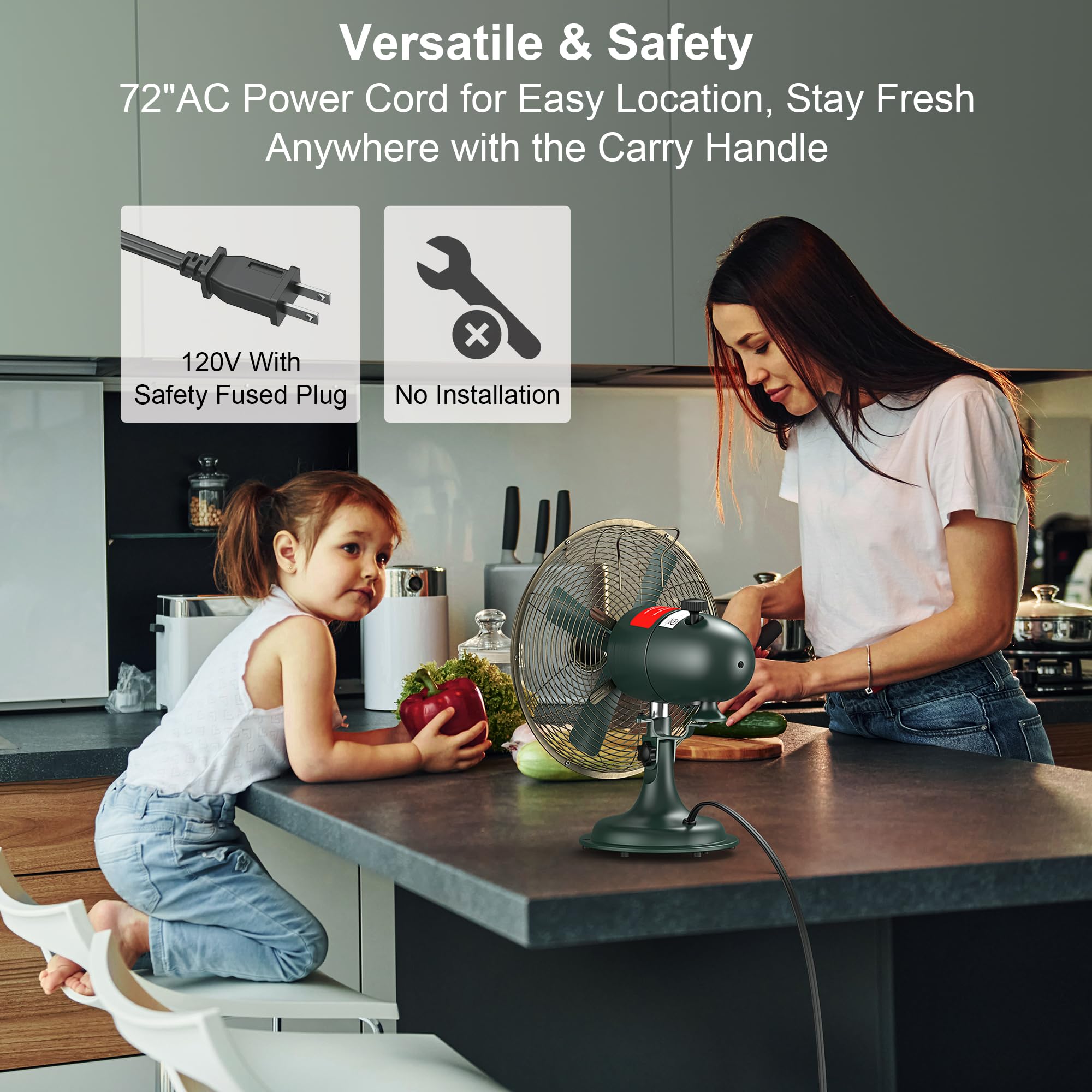 AMACOOL AMACOOL Vintage Oscillating Fan All Metal Retro Table Top Adjustable Quiet 3 Speeds Plug-In Desk Fan for Home Office Bedroom Kitchen - View 6 of 7