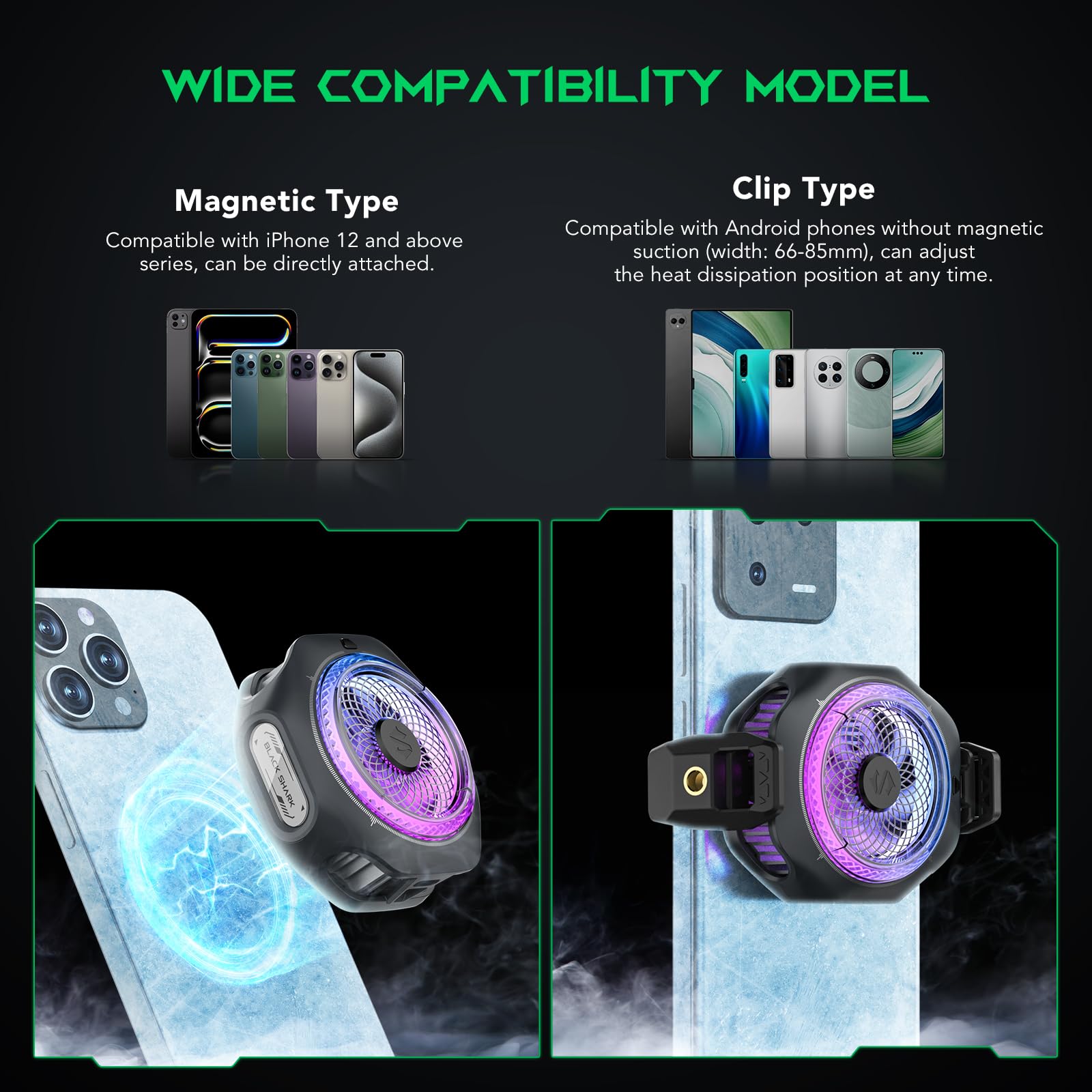Black Shark Black Shark Magnetic Cell Phone Cooler 4Pro, Portable RGB Cooling Fan, Cellphone Radiator with Removable Grip, App-Controlled Smart Temperature Control for iPhone MagSafe Series/Android/Tablet/iPad - View 3 of 8