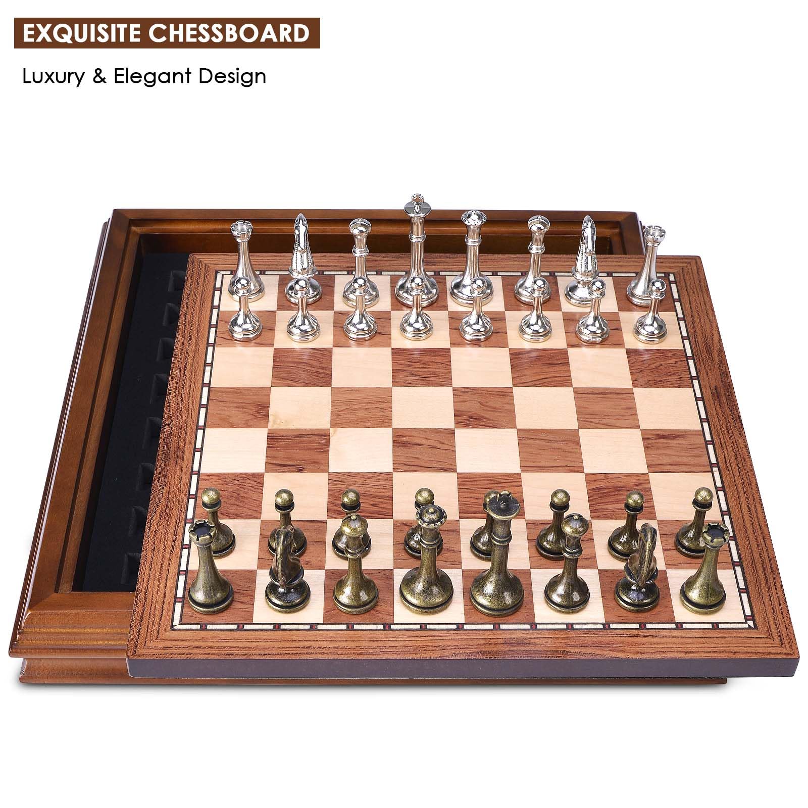 AMEROUS AMEROUS Wooden Chess Board Set 12.5 Inch with Metal Pieces Storage for Adults and Kids Unique Tournament Game for Beginners and Professionals - View 2 of 9