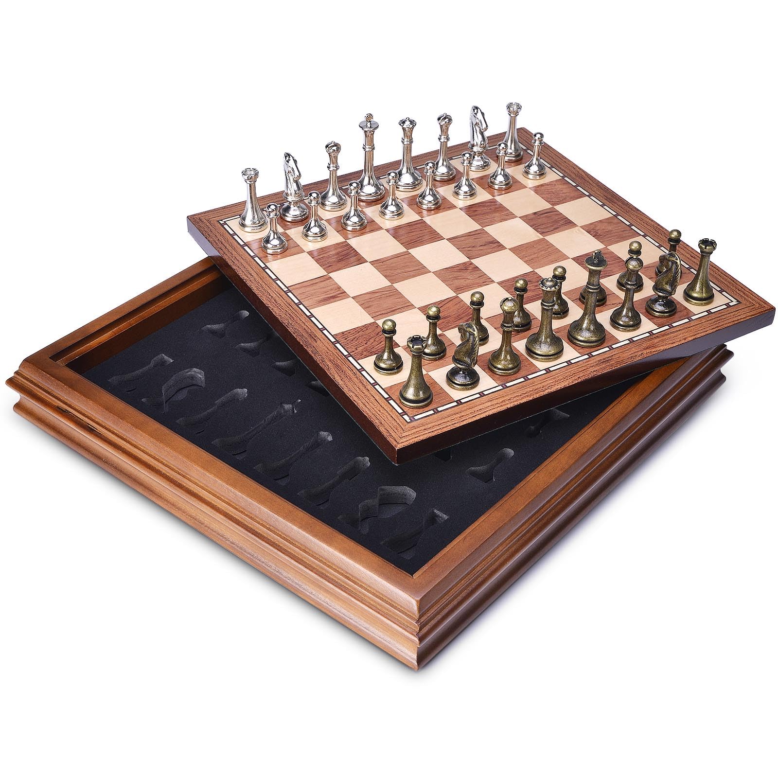 AMEROUS AMEROUS Wooden Chess Board Set 12.5 Inch with Metal Pieces Storage for Adults and Kids Unique Tournament Game for Beginners and Professionals - View 6 of 9