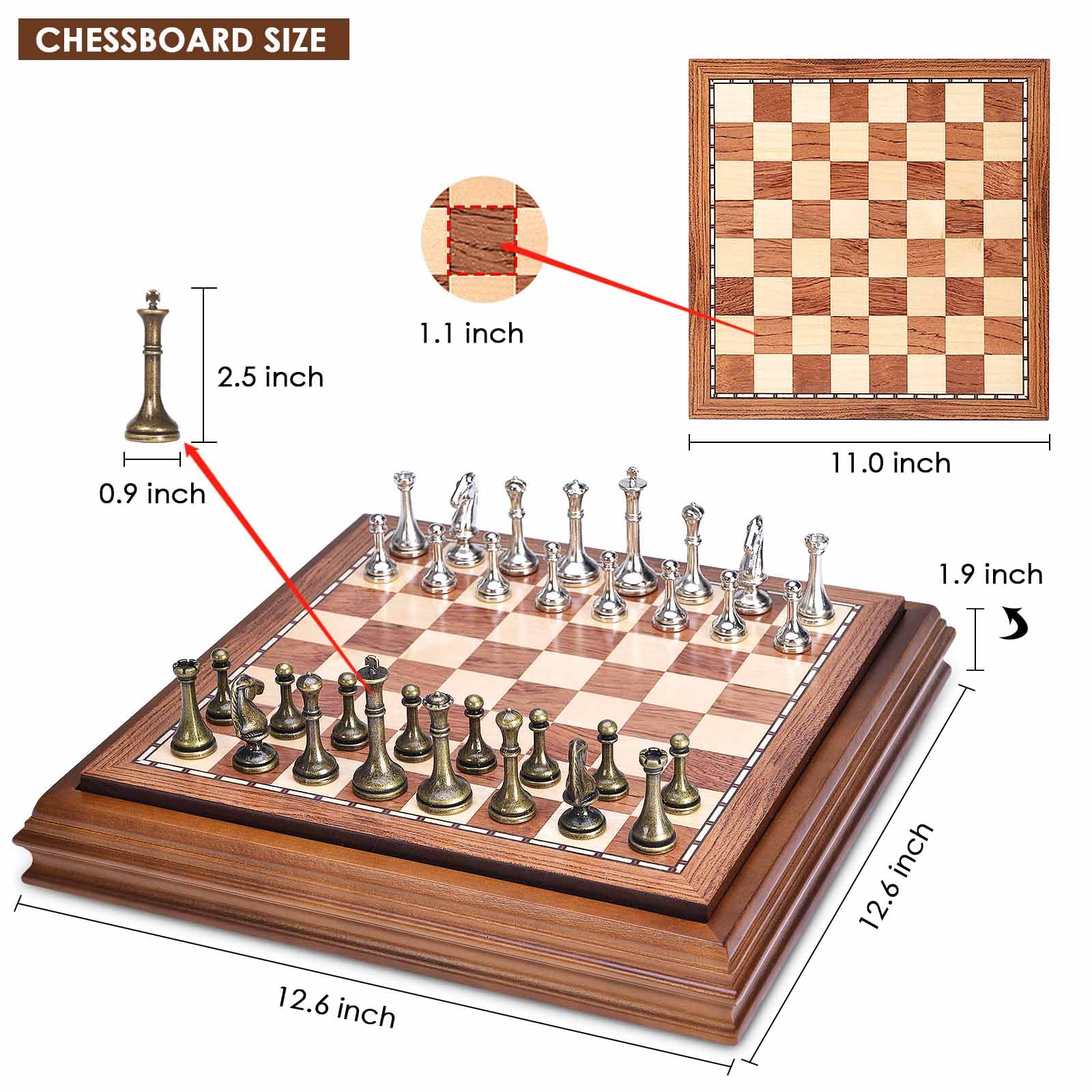 AMEROUS AMEROUS Wooden Chess Board Set 12.5 Inch with Metal Pieces Storage for Adults and Kids Unique Tournament Game for Beginners and Professionals - View 8 of 9