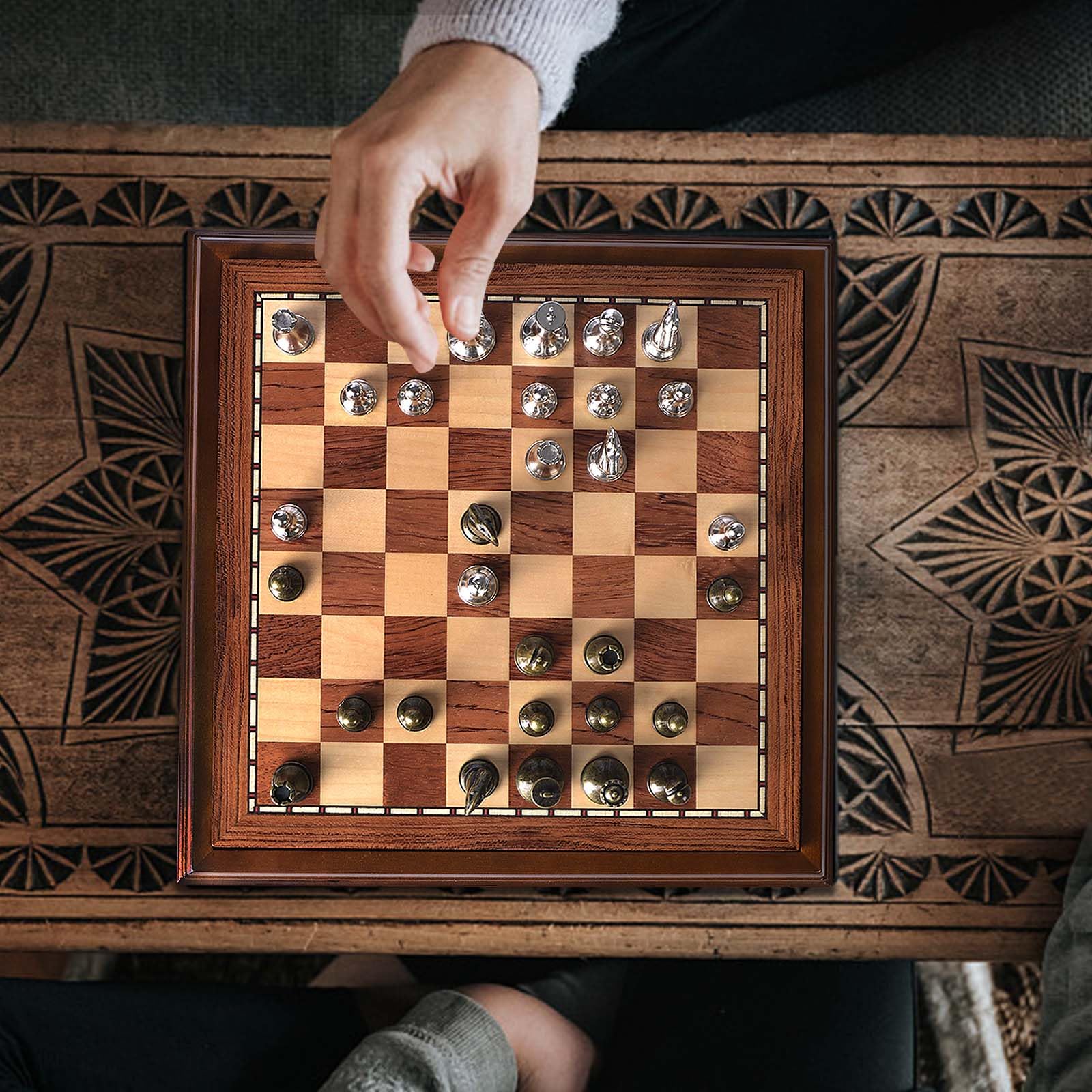 AMEROUS AMEROUS Wooden Chess Board Set 12.5 Inch with Metal Pieces Storage for Adults and Kids Unique Tournament Game for Beginners and Professionals - View 9 of 9