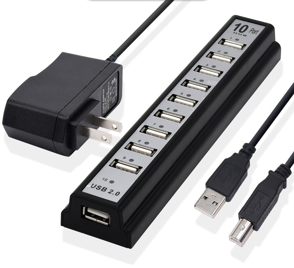 BUBUCAM 10-Port Powered USB Hub 2.0 USB Extender Splitter with Smart Charging and LED Indicator for MacBook PC Laptop Faster Data Transfer