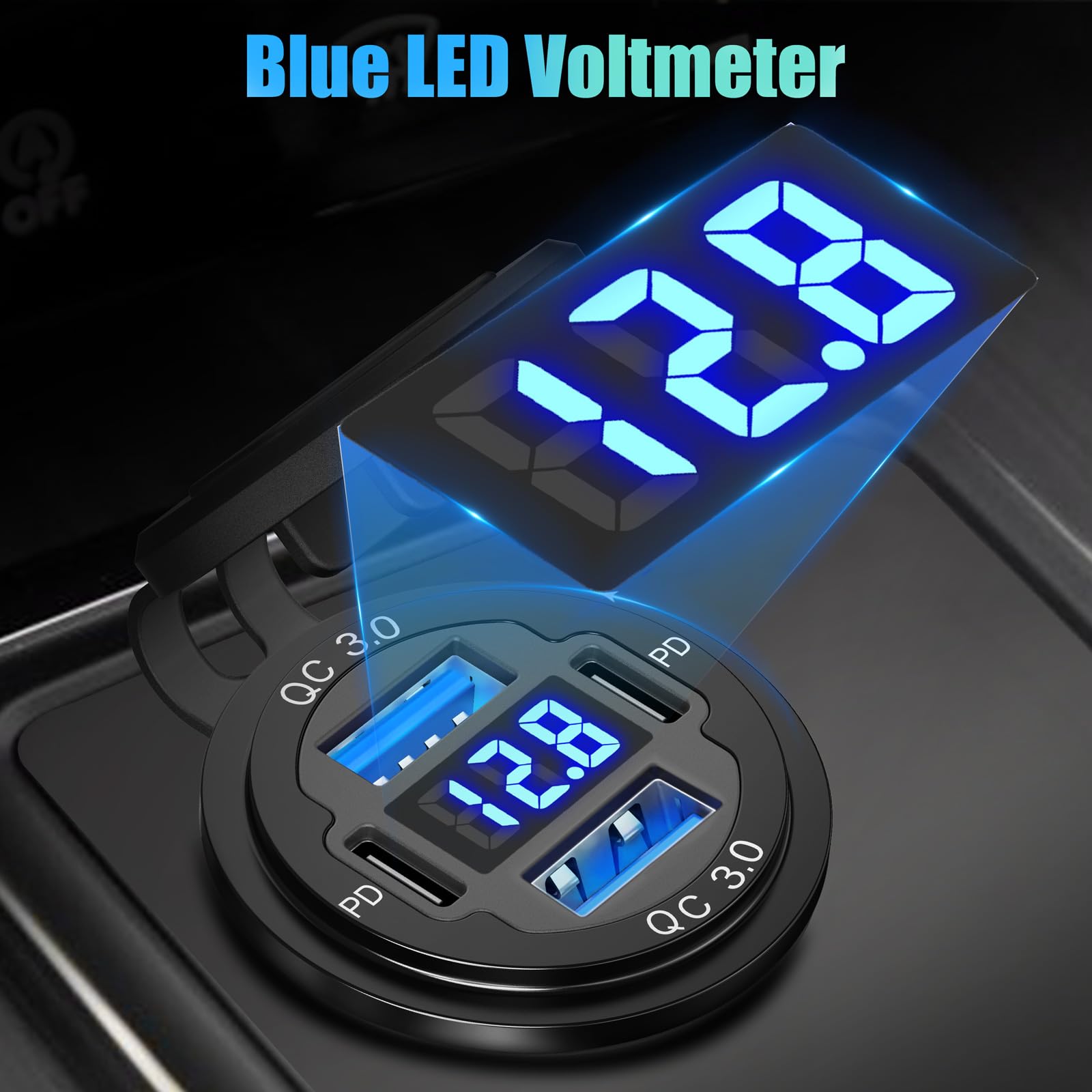 Zhaobeimao 12V USB C Outlet 78W 4 Ports Car Charger with Dual PD 30W QC 18W Voltmeter and C to C Cable for Boat Bus Truck RV Motorcycle - View 3 of 7