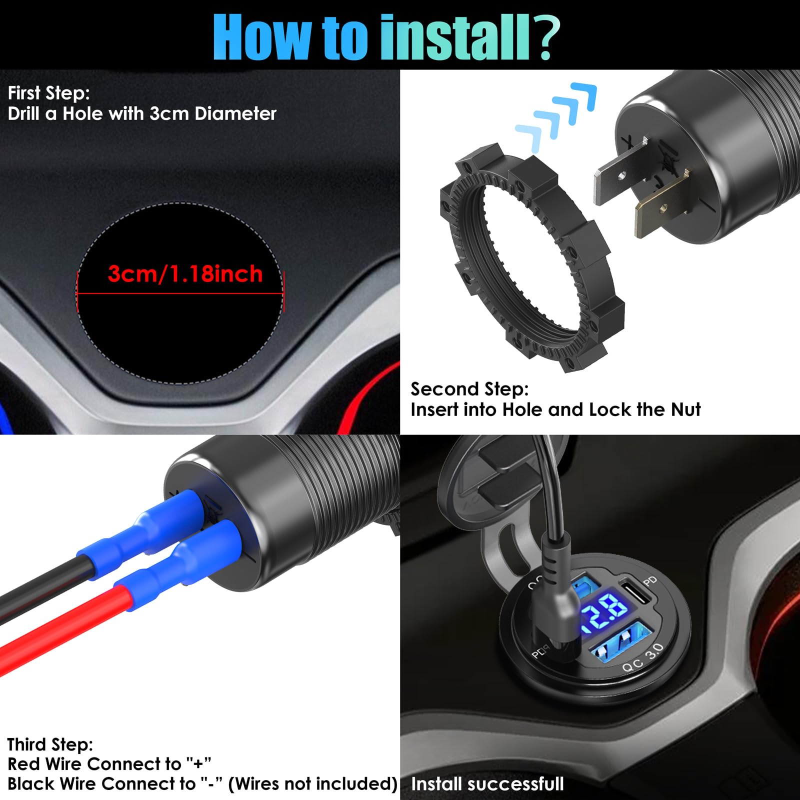 Zhaobeimao 12V USB C Outlet 78W 4 Ports Car Charger with Dual PD 30W QC 18W Voltmeter and C to C Cable for Boat Bus Truck RV Motorcycle - View 6 of 7