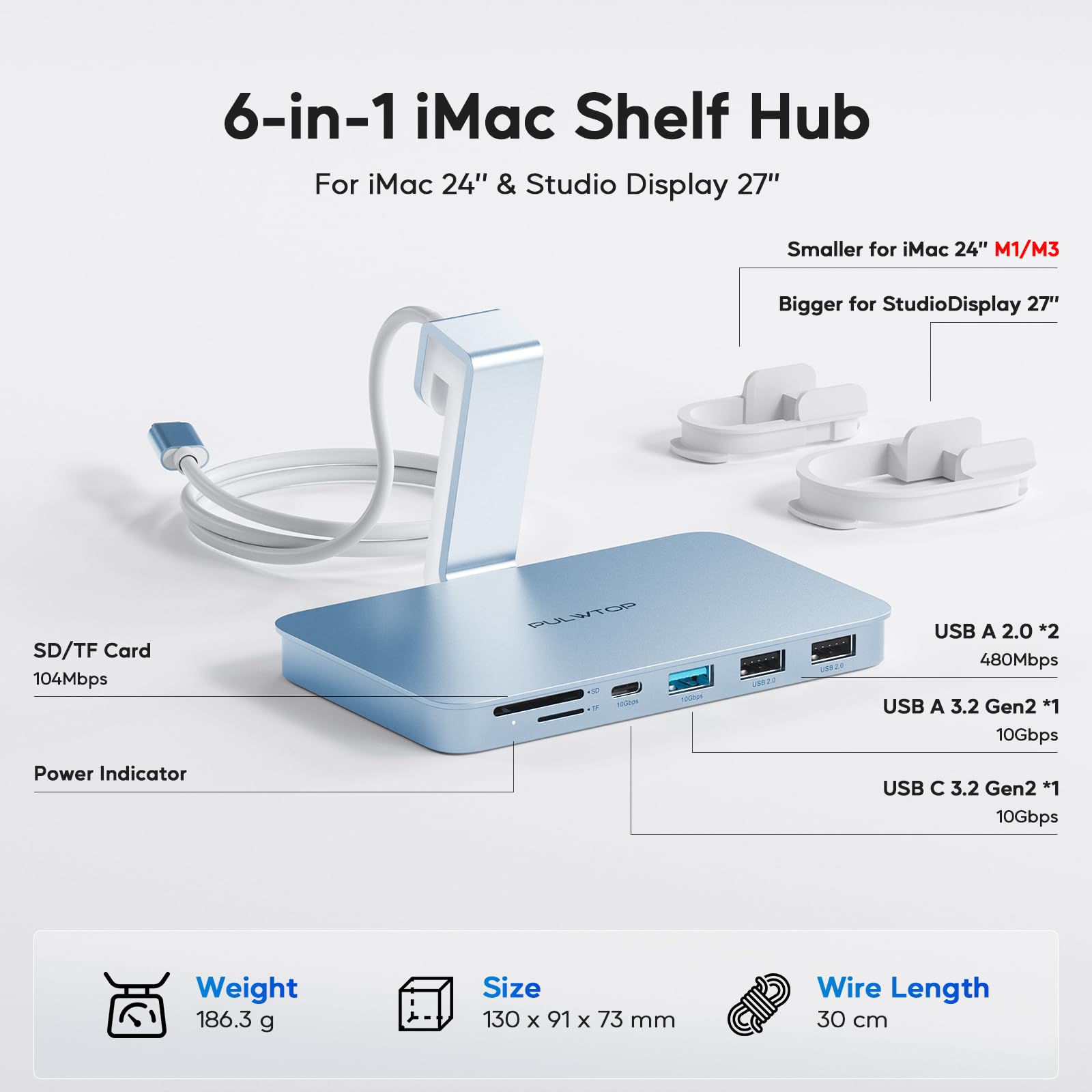 PULWTOP PULWTOP USB C Hub for iMac 10Gbps Supports M1 M3 M4 2USB A 2.0 SD TF Card Reader for 24 inch Studio Display Blue - View 2 of 9