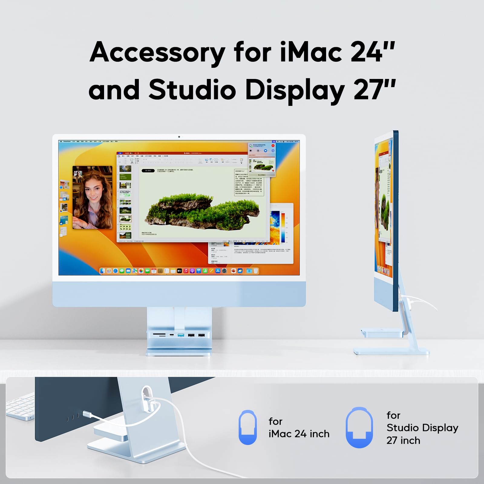 PULWTOP PULWTOP USB C Hub for iMac 10Gbps Supports M1 M3 M4 2USB A 2.0 SD TF Card Reader for 24 inch Studio Display Blue - View 4 of 9