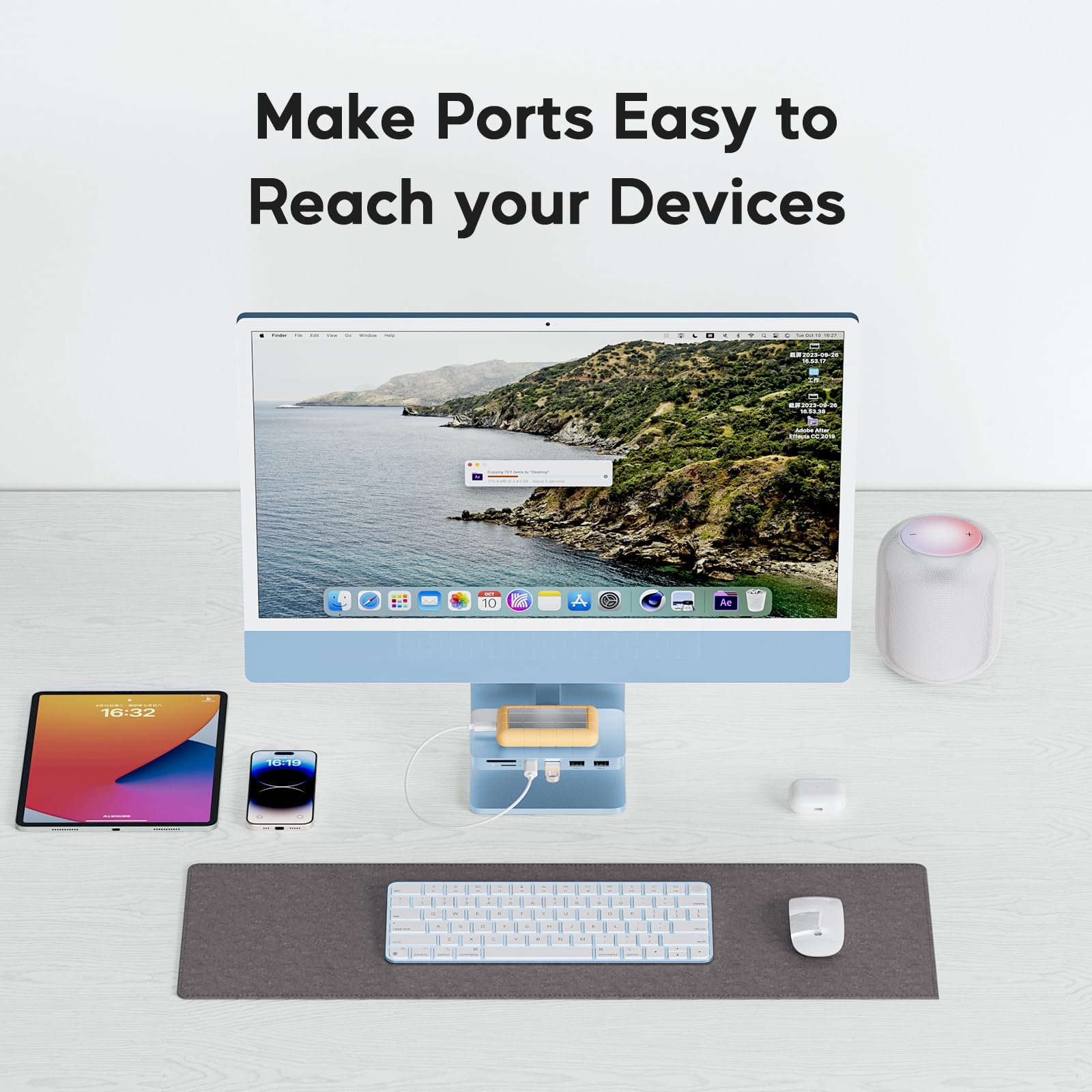 PULWTOP PULWTOP USB C Hub for iMac 10Gbps Supports M1 M3 M4 2USB A 2.0 SD TF Card Reader for 24 inch Studio Display Blue - View 7 of 9