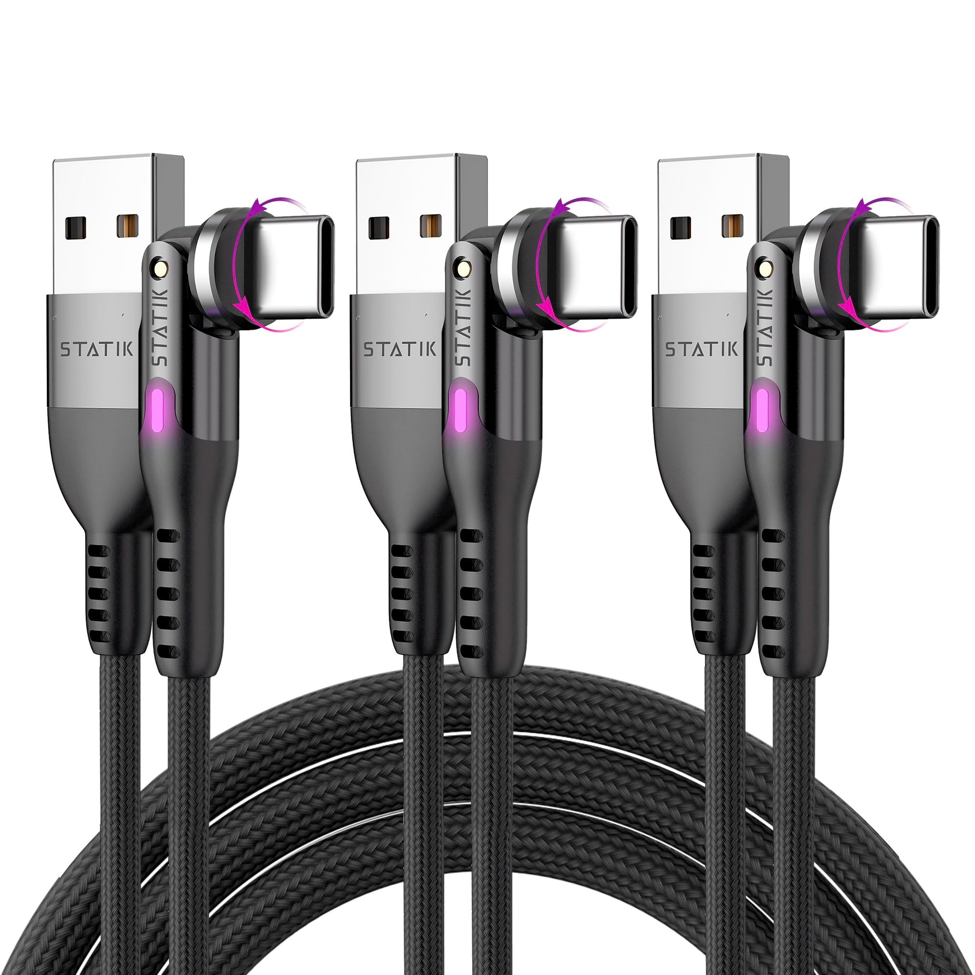 Statik Statik PowerPivot 12W USB to USB C Cable, Right Angle Cable with 360 Rotating Head, USB to C Cable, Data Transfer USB Charger Cord Type C Cable, 90 Degree Swivel, USB A to USB C Cable 3FT/1M 3-Pack