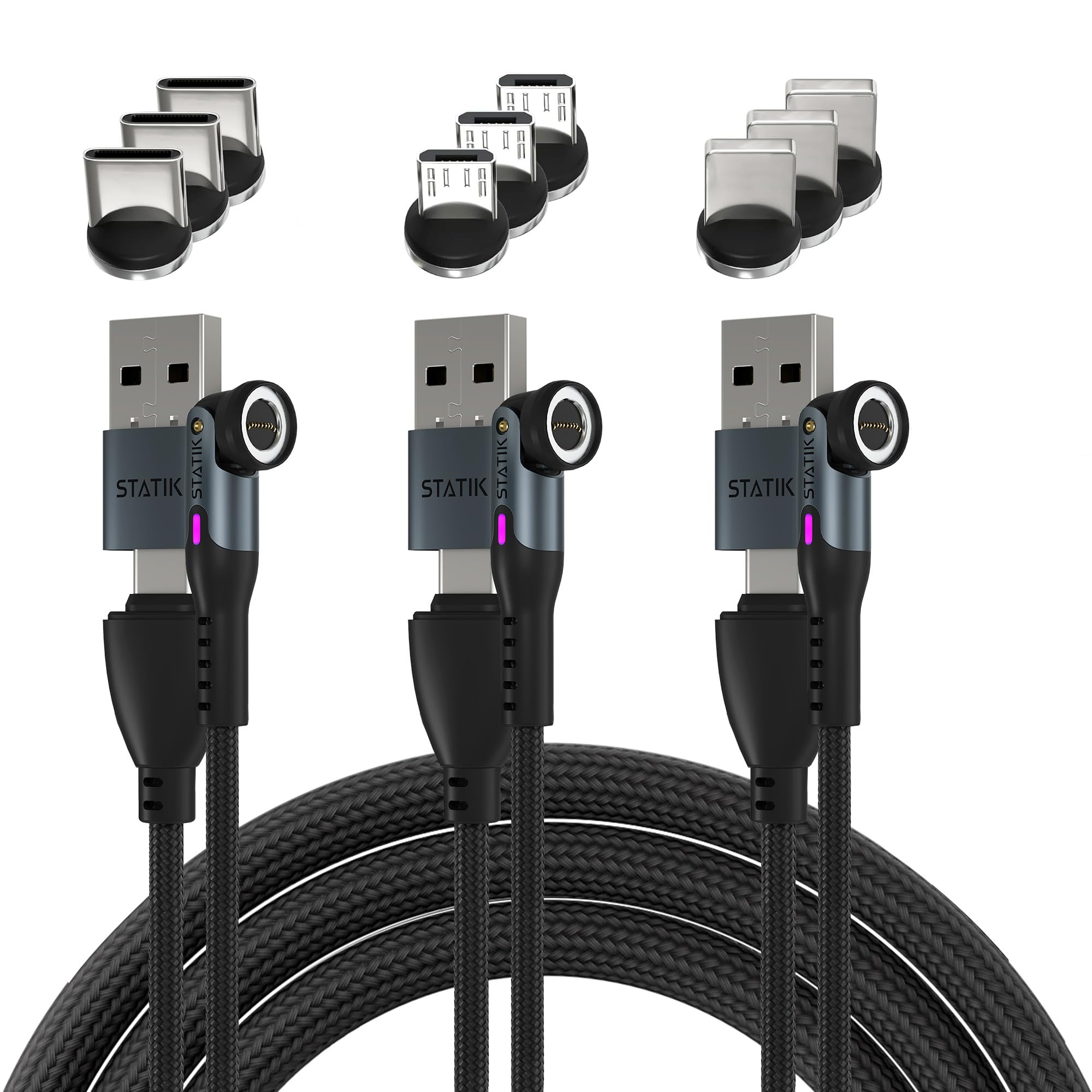 Statik Statik 360 Pro Magnetic Charging Cable 3 Pack - 100W Fast USB C, Micro-USB & USB-A Charger - 3FT/1M Black