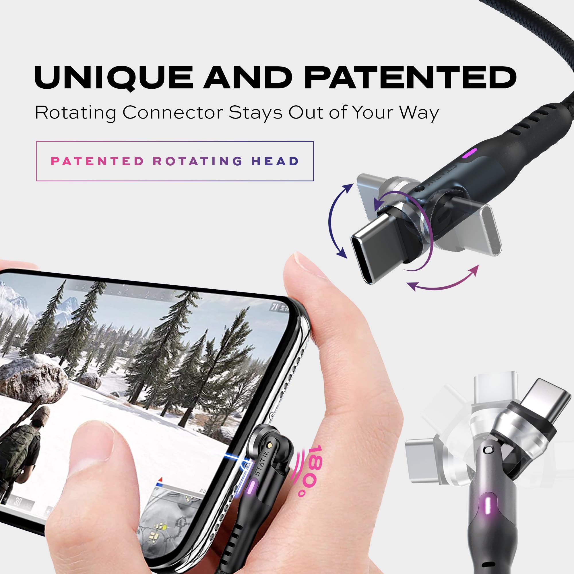 Statik Statik PowerPivot 90 Degree USB to USB C Cable 12W Right Angle 360 Rotating Swivel Head Data Transfer Charger Cord 6FT 3-Pack - View 2 of 9