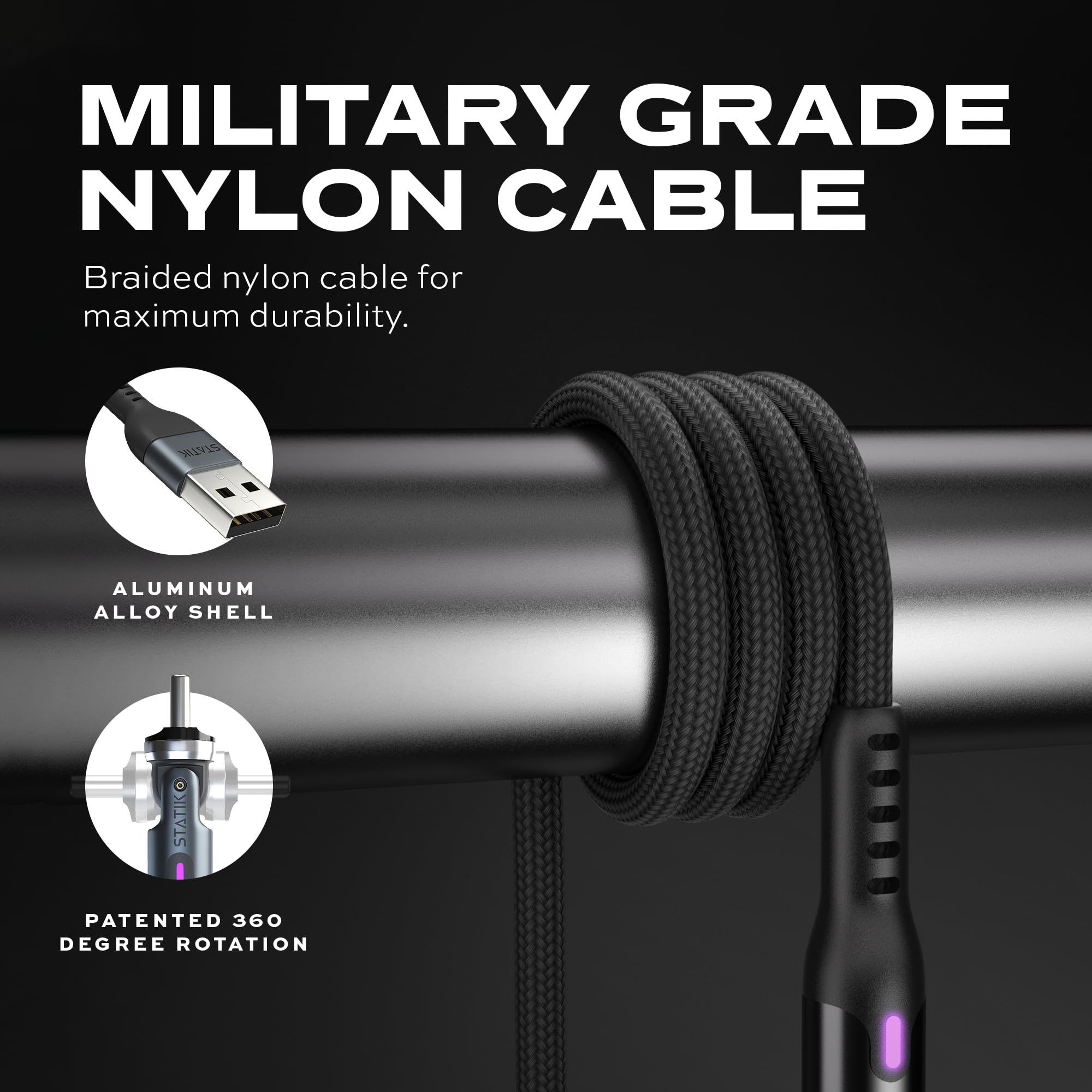 Statik Statik PowerPivot 90 Degree USB to USB C Cable 12W Right Angle 360 Rotating Swivel Head Data Transfer Charger Cord 6FT 3-Pack - View 3 of 9