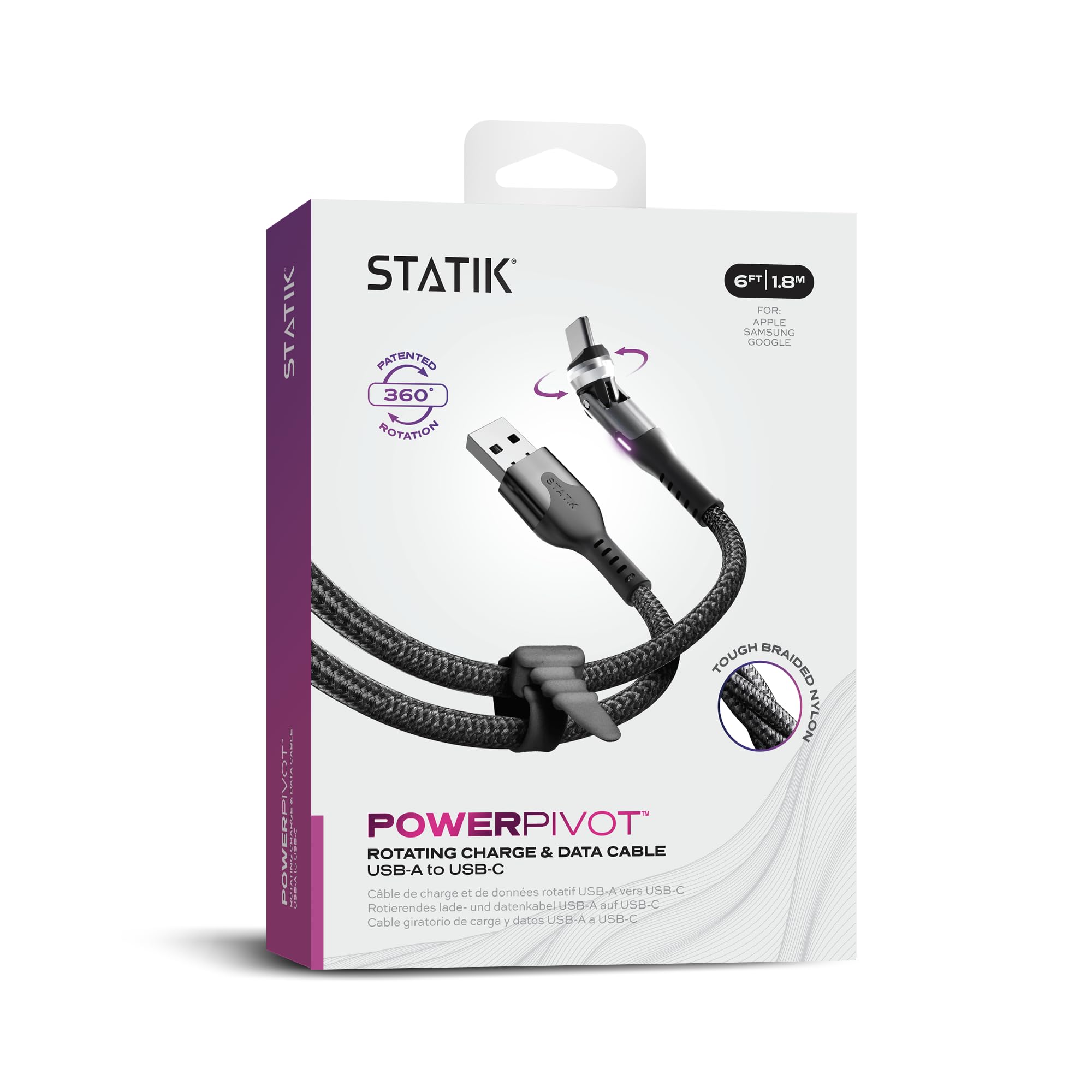Statik Statik PowerPivot 90 Degree USB to USB C Cable 12W Right Angle 360 Rotating Swivel Head Data Transfer Charger Cord 6FT 3-Pack - View 9 of 9