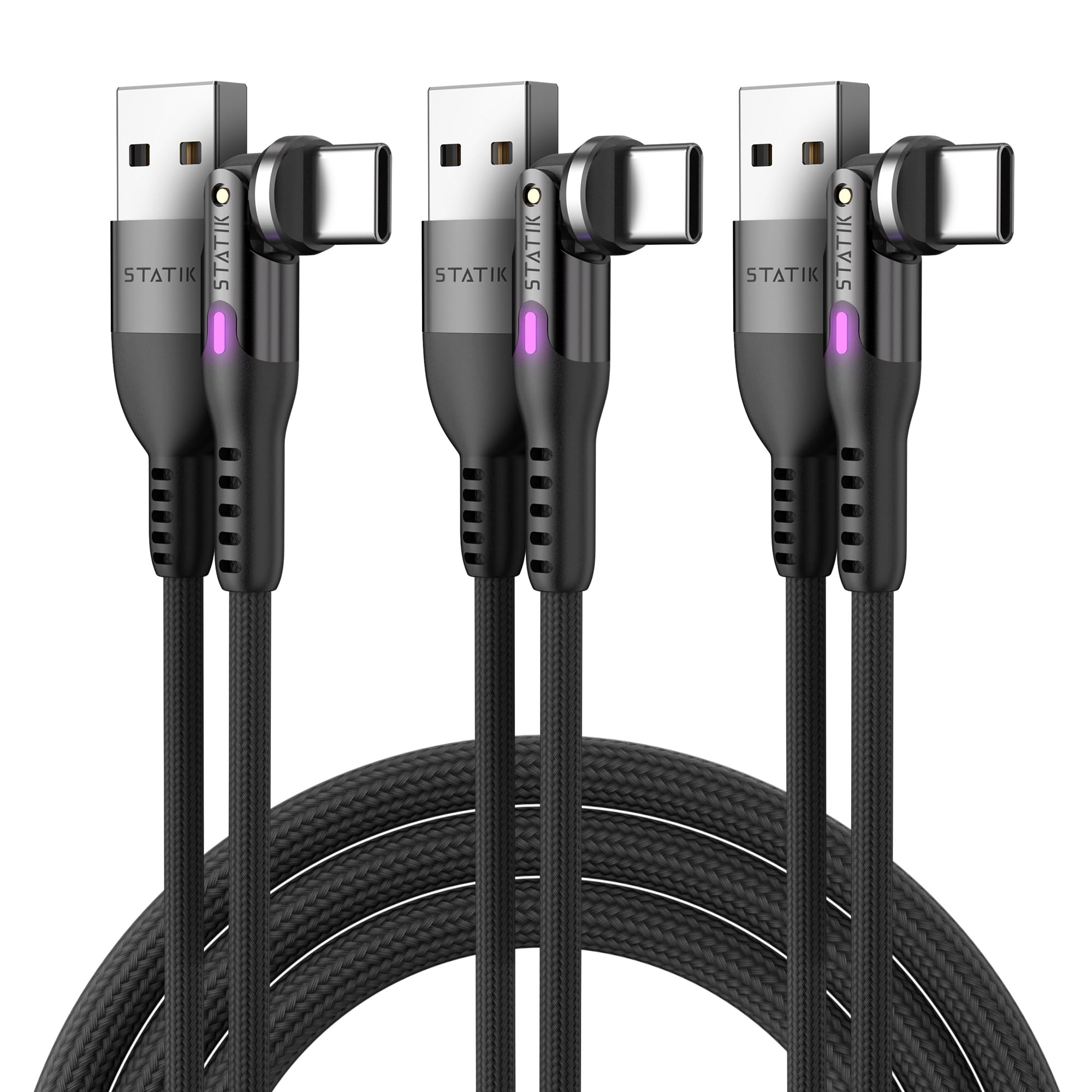 Statik PowerPivot 90 Degree USB to USB C Cable 12W Right Angle 360 Rotating Swivel Head Data Transfer Charger Cord 6FT 3-Pack