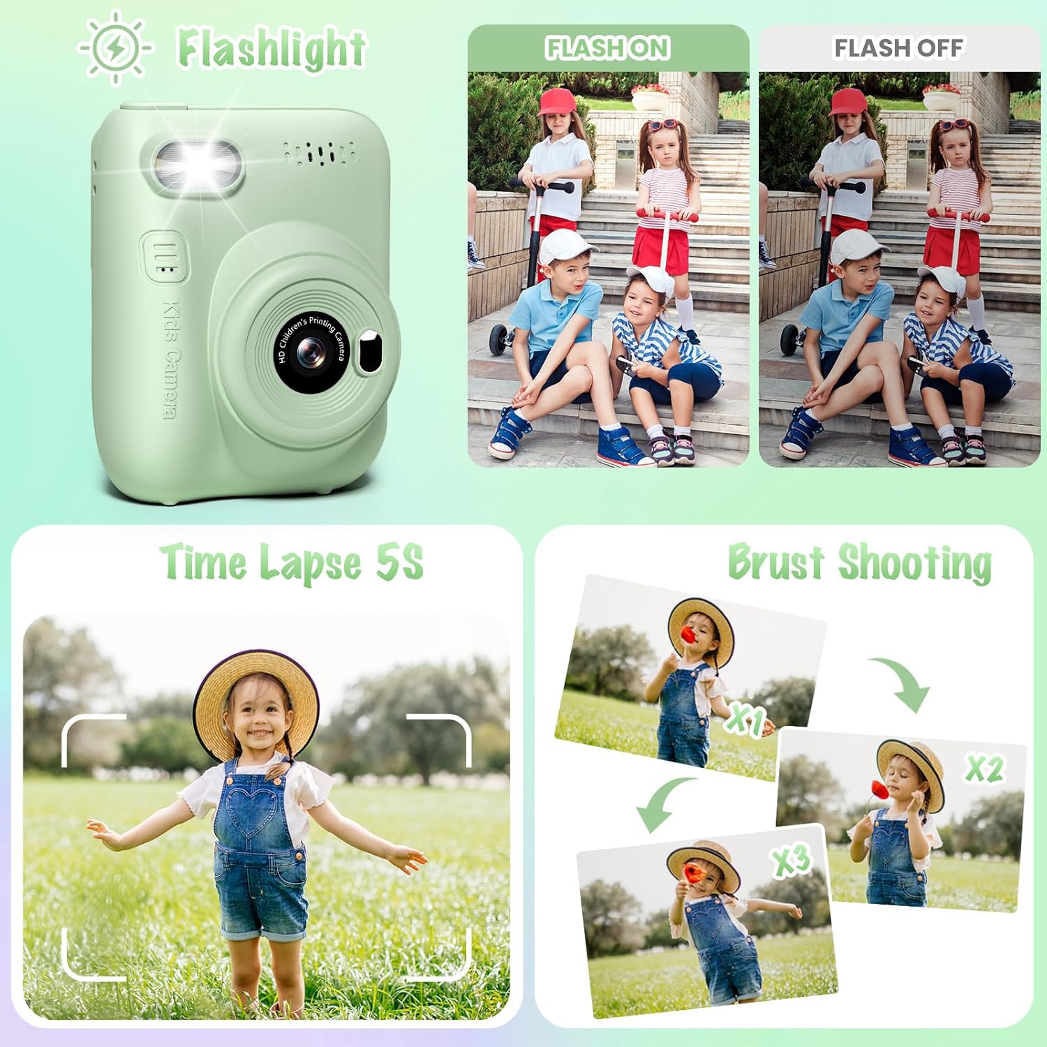 Gofunly Kids Camera Instant Print 32MP 1080P Toddler Digital Camera with Printer Paper Birthday Gift for 3-12 Year Olds Green - View 4 of 9