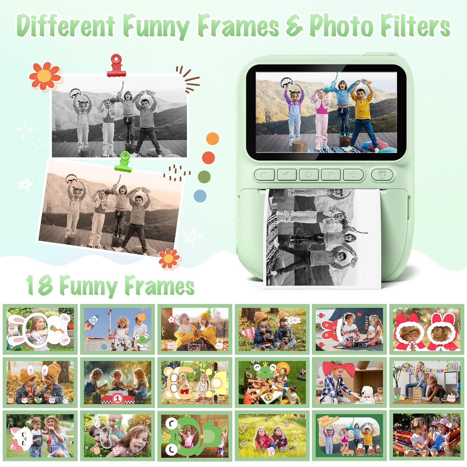 Gofunly Kids Camera Instant Print 32MP 1080P Toddler Digital Camera with Printer Paper Birthday Gift for 3-12 Year Olds Green - View 5 of 9