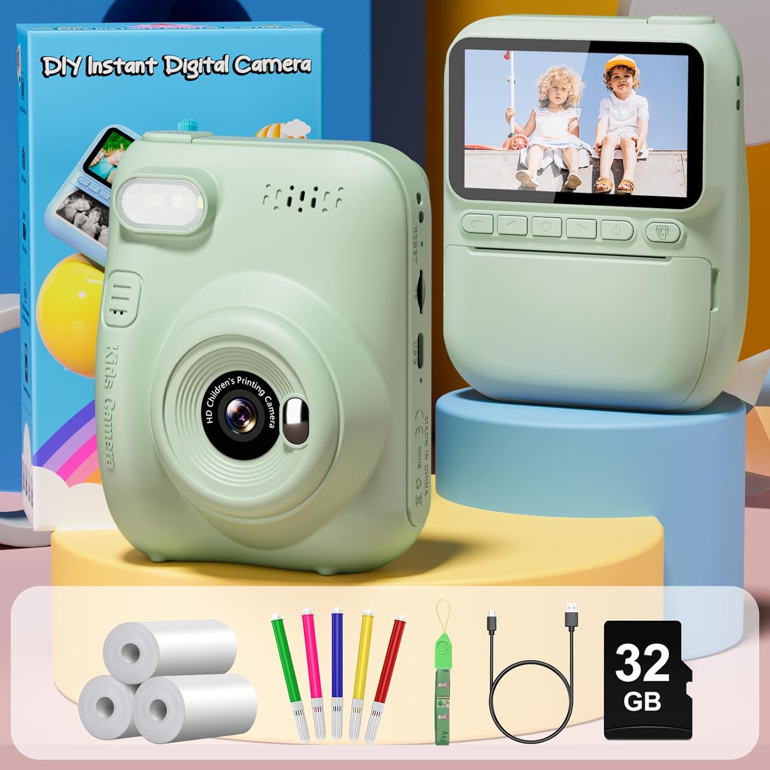 Gofunly Kids Camera Instant Print 32MP 1080P Toddler Digital Camera with Printer Paper Birthday Gift for 3-12 Year Olds Green - View 7 of 9