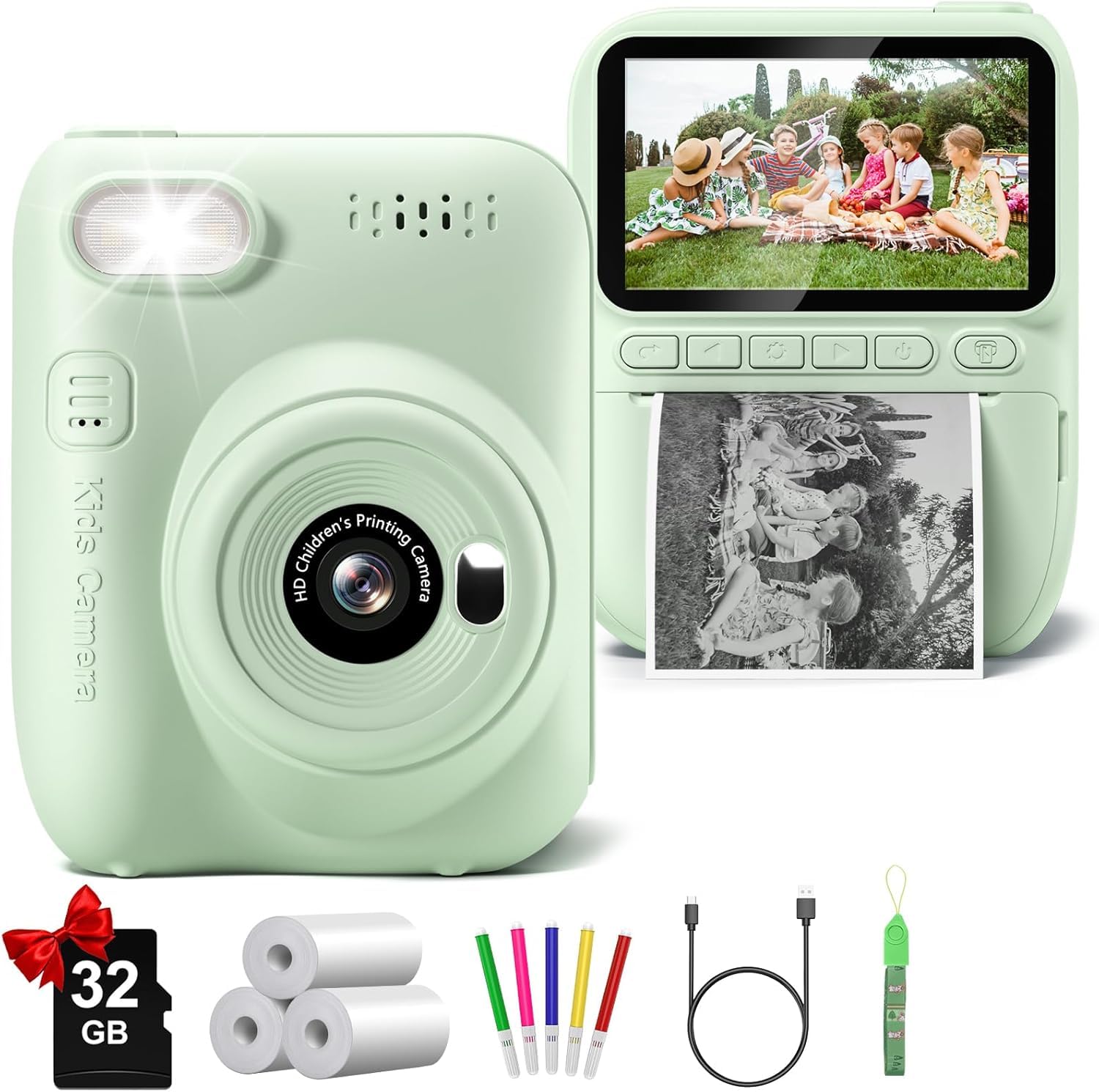 Gofunly Kids Camera Instant Print 32MP 1080P Toddler Digital Camera with Printer Paper Birthday Gift for 3-12 Year Olds Green