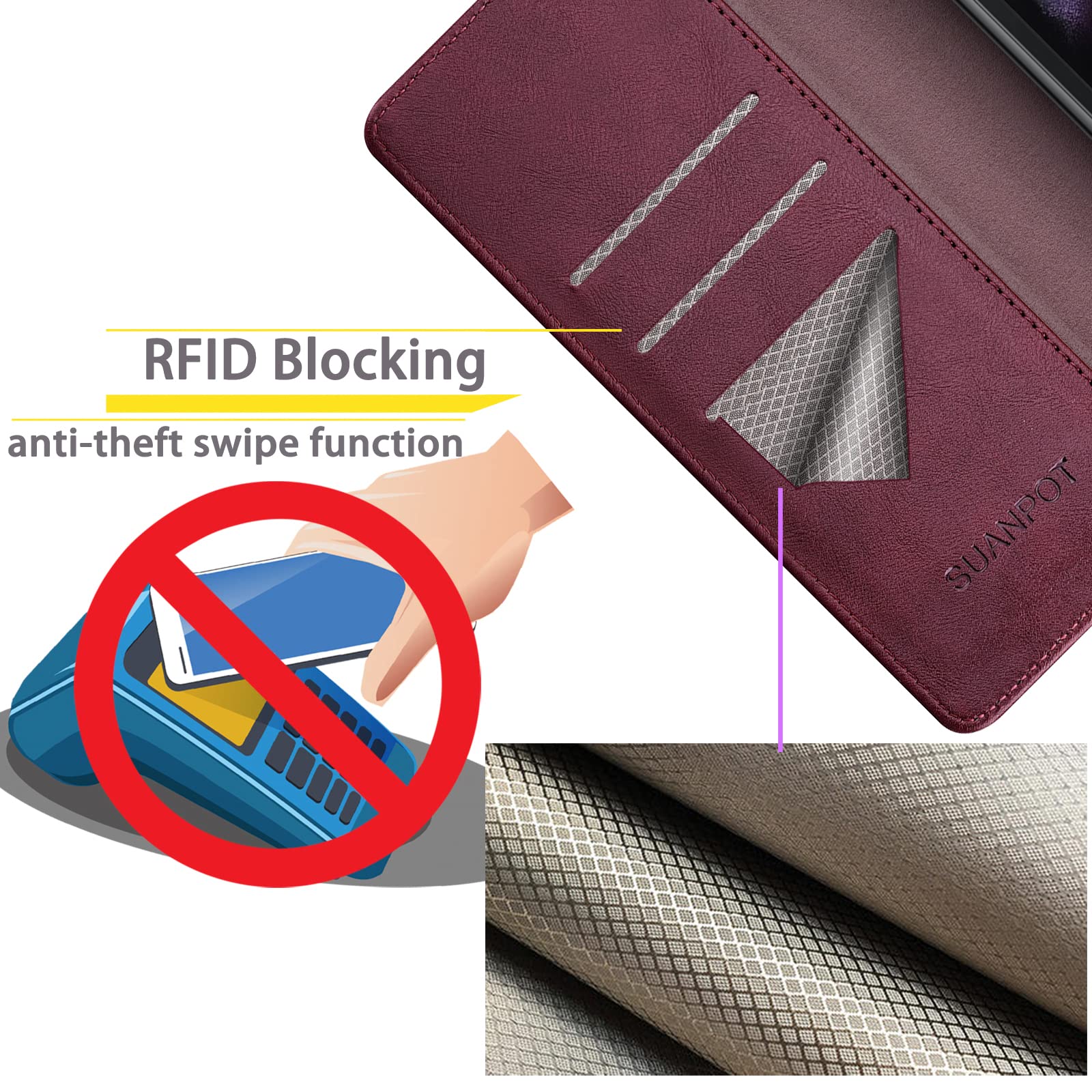 SUANPOT SUANPOT Samsung Galaxy Z Fold 6 5G Wallet Case RFID Blocking Credit Card Holder Flip Book PU Leather Cover for Men and Women Wine Red - View 3 of 6