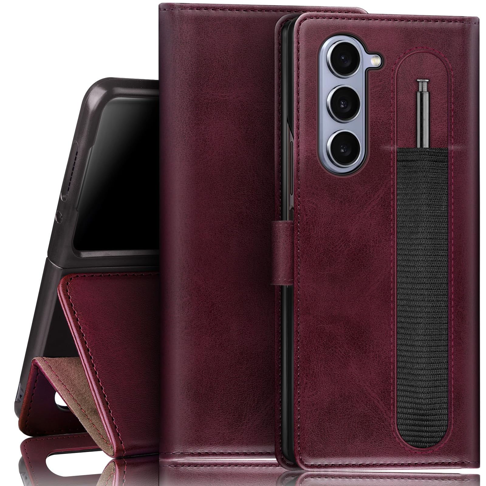 SUANPOT Samsung Galaxy Z Fold 6 5G Wallet Case RFID Blocking Credit Card Holder Flip Book PU Leather Cover for Men and Women Wine Red
