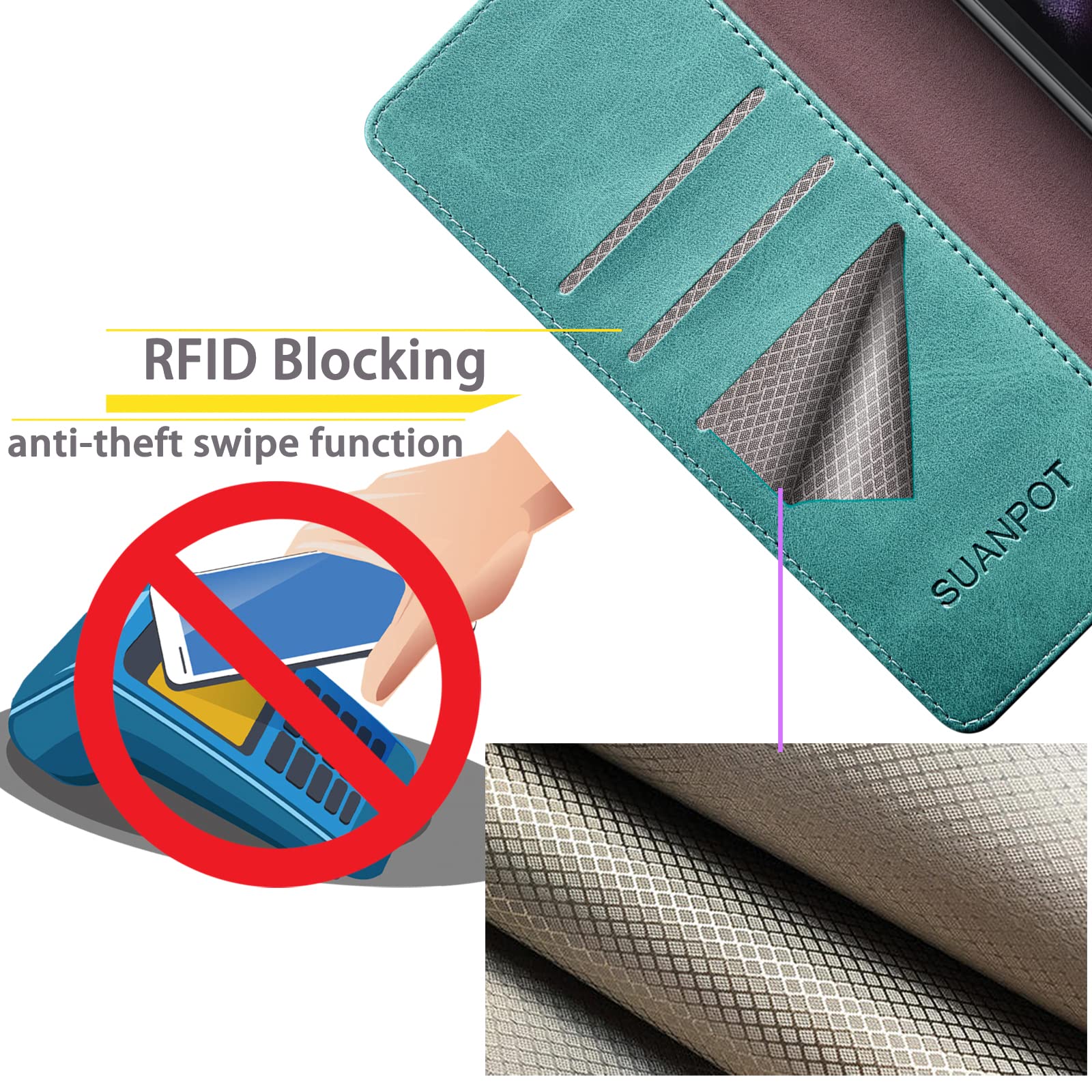 SUANPOT SUANPOT Samsung Galaxy Z Fold 6 5G Wallet Case RFID Blocking Credit Card Holder Flip Book PU Leather Cover for Men and Women Blue Green - View 3 of 6