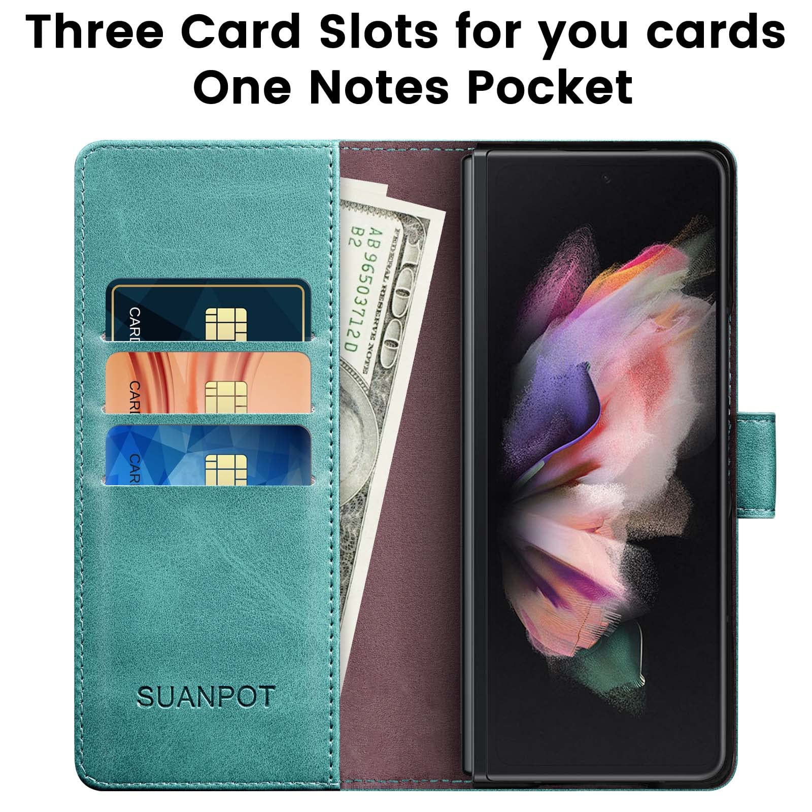 SUANPOT SUANPOT Samsung Galaxy Z Fold 6 5G Wallet Case RFID Blocking Credit Card Holder Flip Book PU Leather Cover for Men and Women Blue Green - View 4 of 6