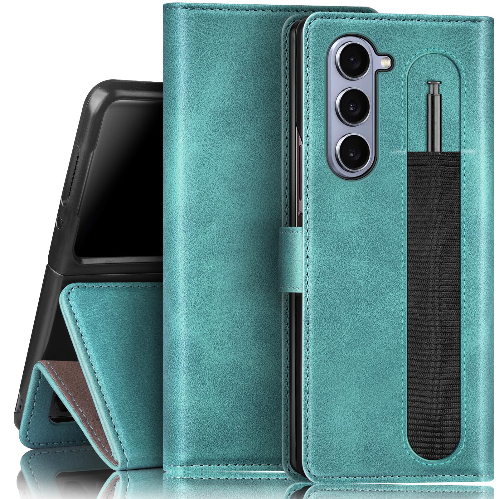 SUANPOT Samsung Galaxy Z Fold 6 5G Wallet Case RFID Blocking Credit Card Holder Flip Book PU Leather Cover for Men and Women Blue Green