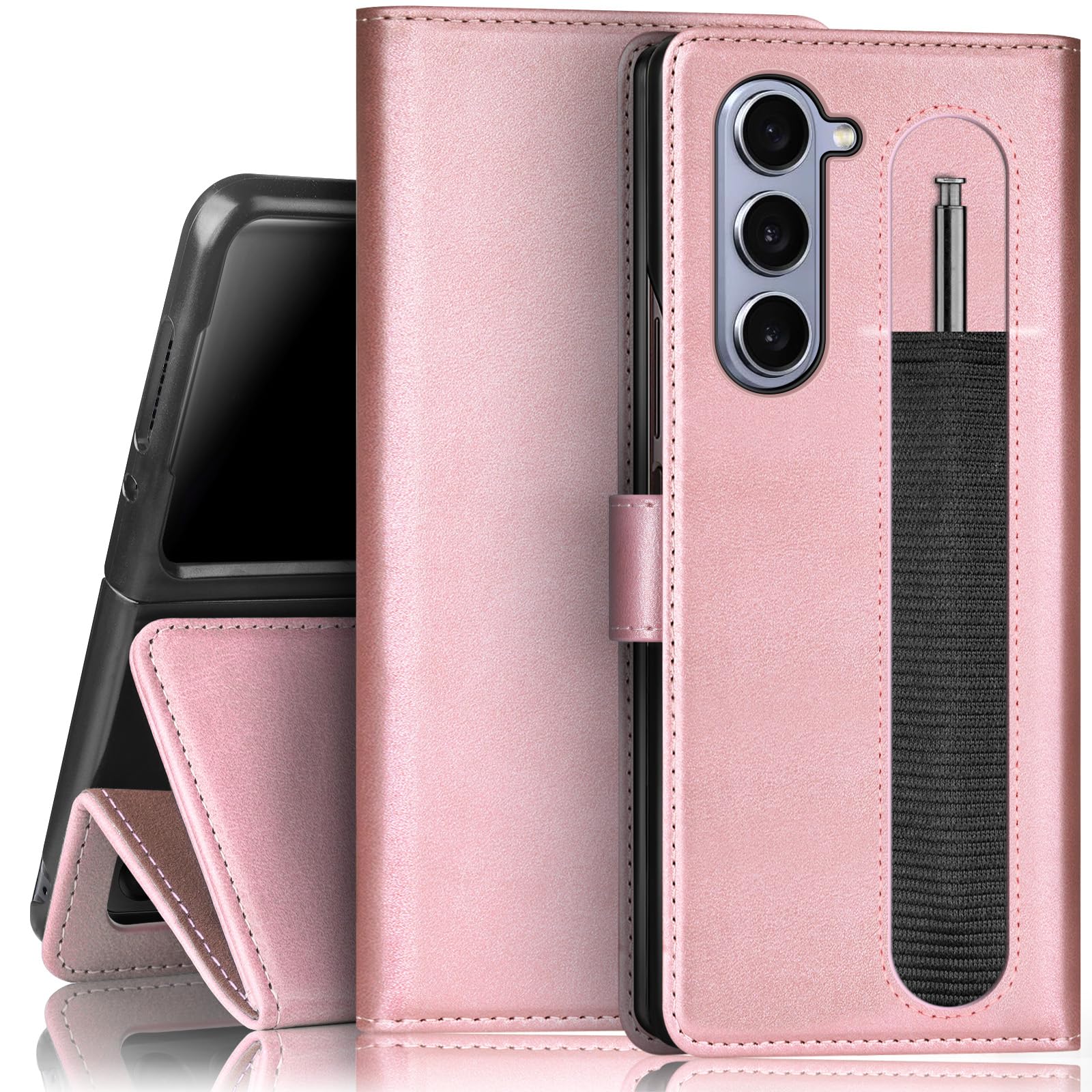 SUANPOT Samsung Galaxy Z Fold 6 5G Wallet Case RFID Blocking Credit Card Holder Flip Book PU Leather Cover for Men and Women Rose Gold