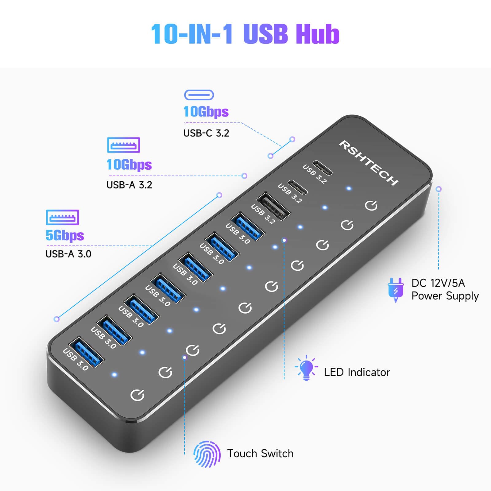 RSHTECH RSHTECH 10-Port USB Hub 3.2 with 60W Power 10Gbps USB-A USB-C Ports Touch Switches and 3.3ft Cable for Laptop PC RSH-ST10C - View 2 of 8