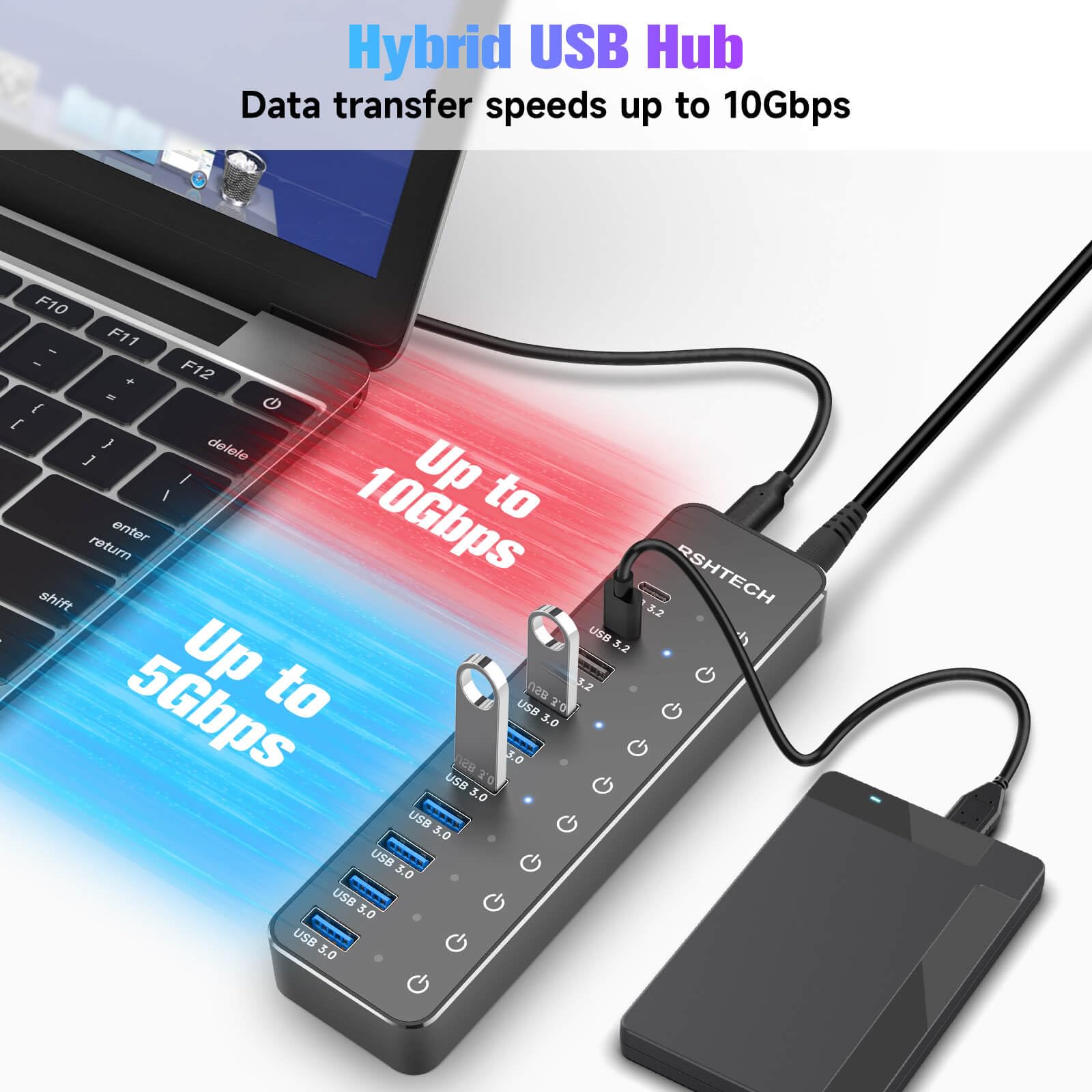 RSHTECH RSHTECH 10-Port USB Hub 3.2 with 60W Power 10Gbps USB-A USB-C Ports Touch Switches and 3.3ft Cable for Laptop PC RSH-ST10C - View 3 of 8