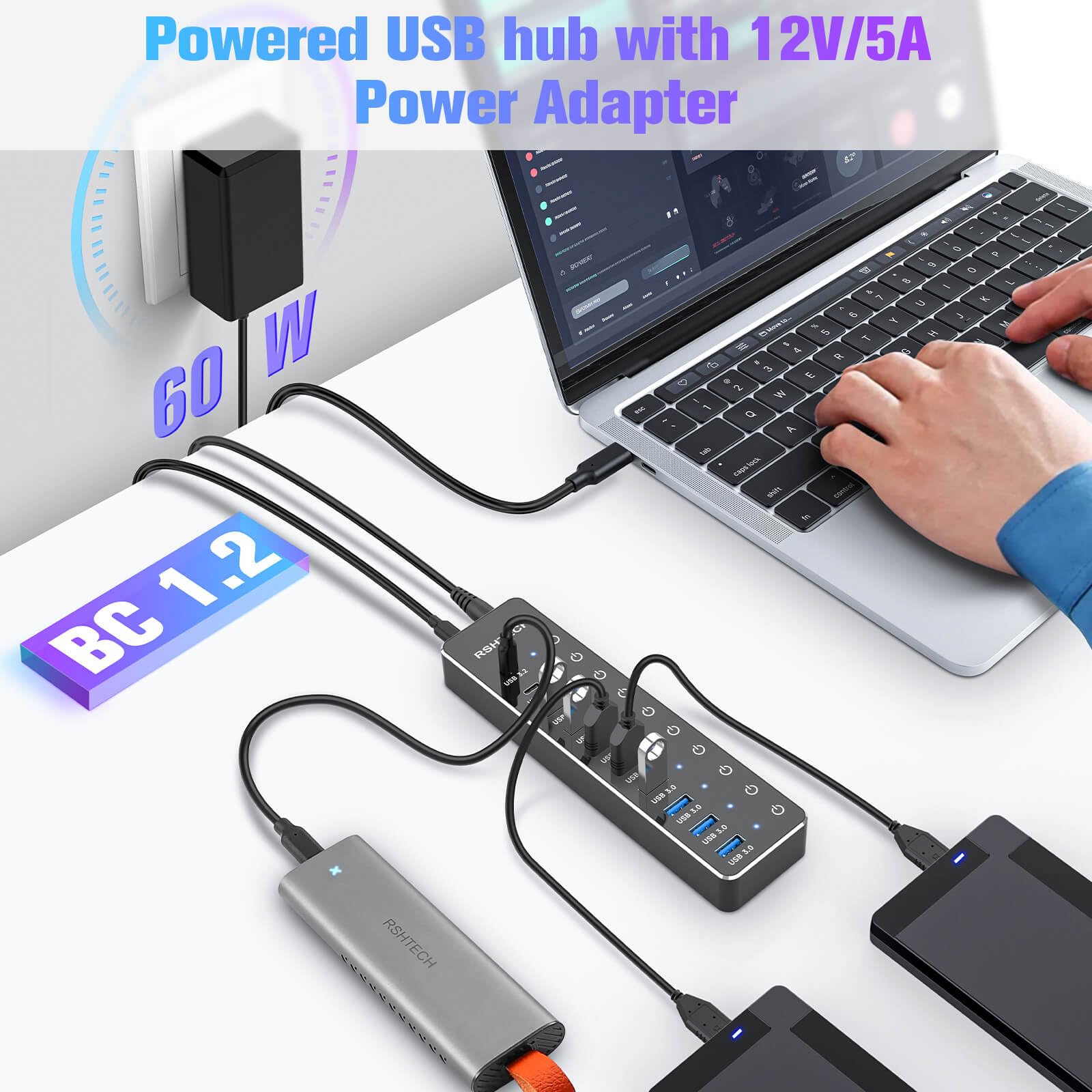 RSHTECH RSHTECH 10-Port USB Hub 3.2 with 60W Power 10Gbps USB-A USB-C Ports Touch Switches and 3.3ft Cable for Laptop PC RSH-ST10C - View 4 of 8