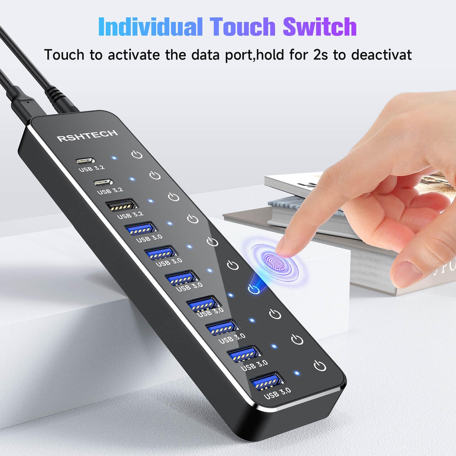 RSHTECH RSHTECH 10-Port USB Hub 3.2 with 60W Power 10Gbps USB-A USB-C Ports Touch Switches and 3.3ft Cable for Laptop PC RSH-ST10C - View 6 of 8
