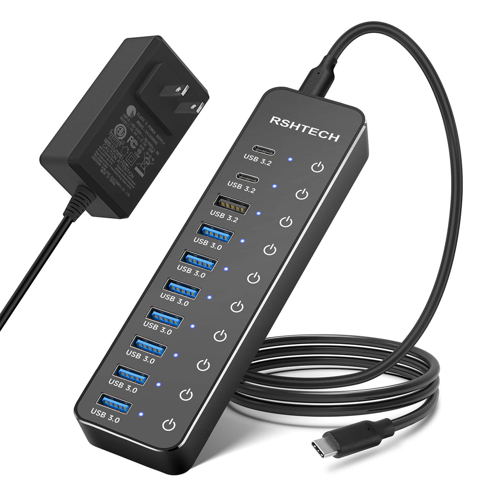 RSHTECH RSHTECH 10-Port USB Hub 3.2 with 60W Power 10Gbps USB-A USB-C Ports Touch Switches and 3.3ft Cable for Laptop PC RSH-ST10C