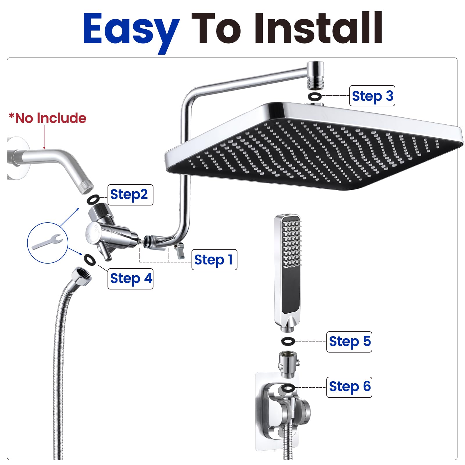 QMLALA 13 Inch Dual Rainfall Shower Head with Handheld Spray Combo Adjustable Extension Arm and Extra Long Hose in Polished Chrome - View 7 of 9